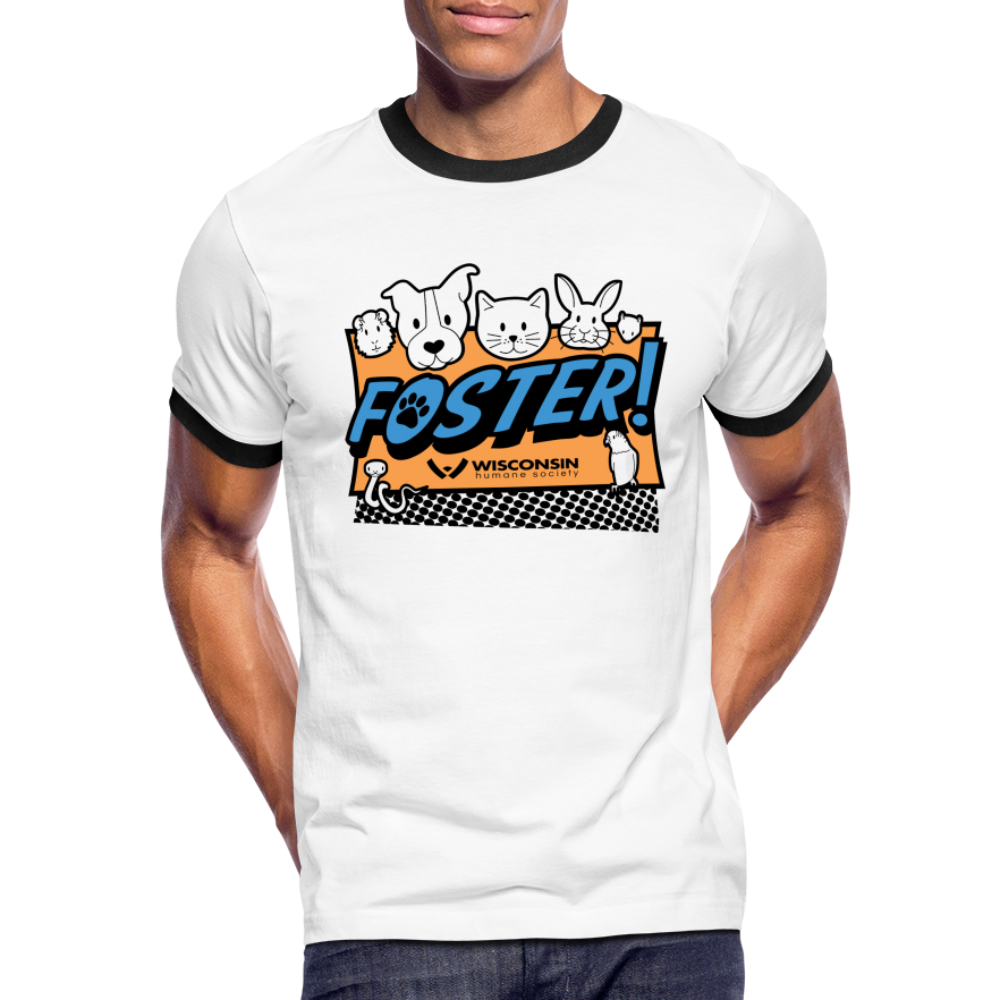 Foster Logo Ringer T-Shirt for Men & Women - Vintage Style Cotton Tee with Contrast Sleeves | Perfect for Casual Wear, Street Style & Music Festivals