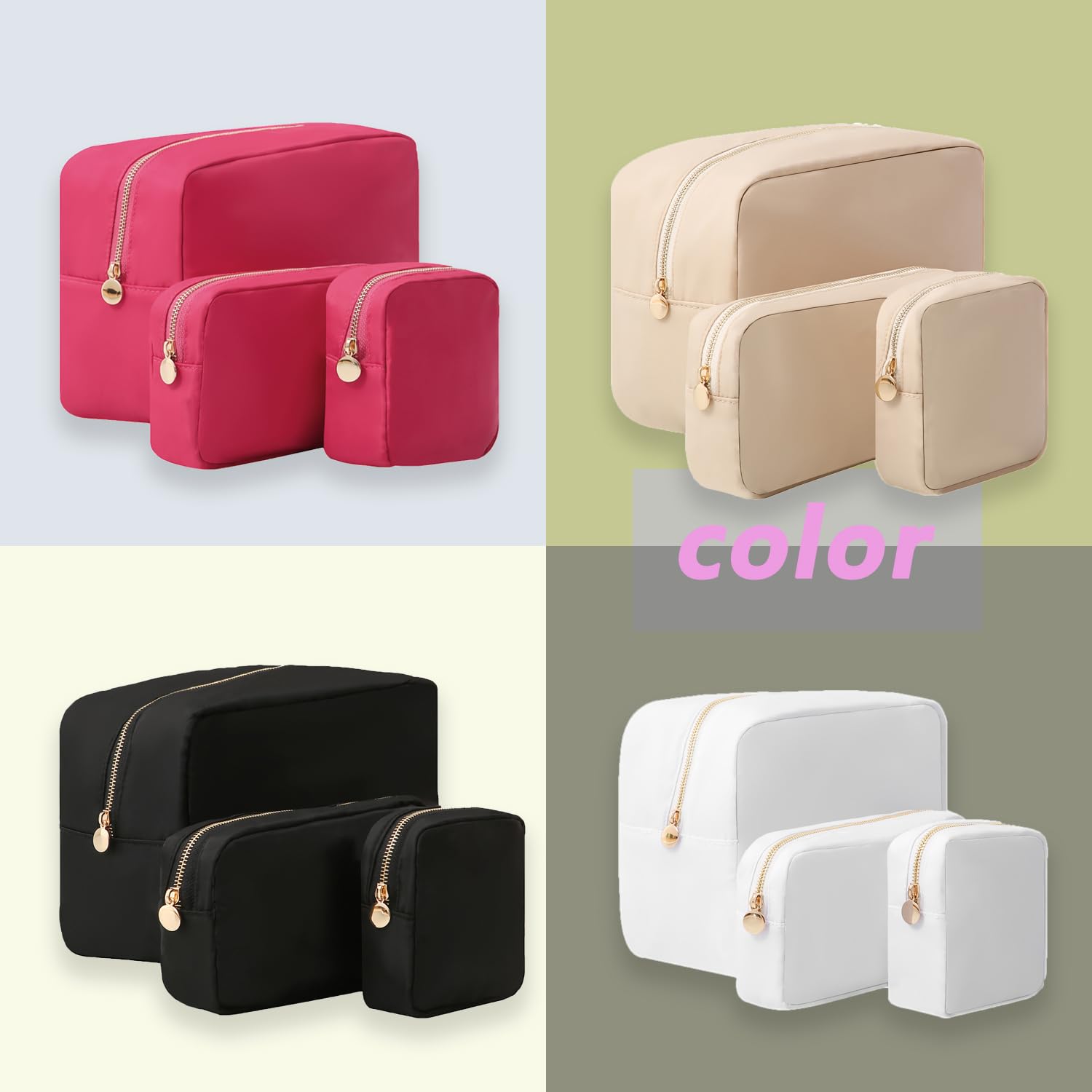 3-Piece Waterproof Nylon Makeup Bag Set with Zipper - Travel Cosmetic Organizer Pouch for Toiletries, Makeup & Accessories - Perfect for Travel, Gym, and Daily Use