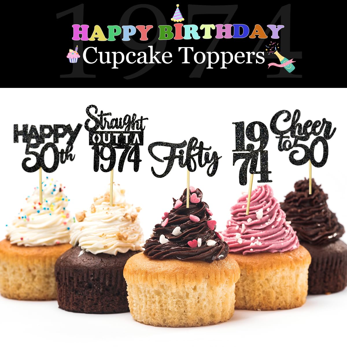 30PCS 50th Birthday Cupcake Toppers - Gold & Black 1974 Themed Party Decorations for Men & Women - Cheers to 50 Years Celebration Supplies for Anniversary Cakes, Desserts & Party Decor