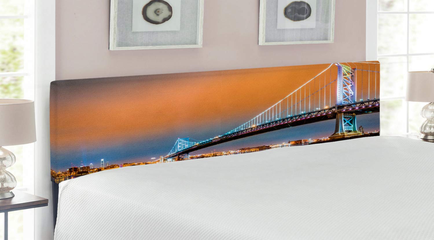 Lunarable King Size Upholstered Travel Headboard - Ben Franklin Bridge Philadelphia Skyline Design, Memory Foam Decorative Metal Bed Headboard in Marigold Blue Grey | Perfect for Home Decor, Bedroom Upgrade & Hotel Style Bedrooms