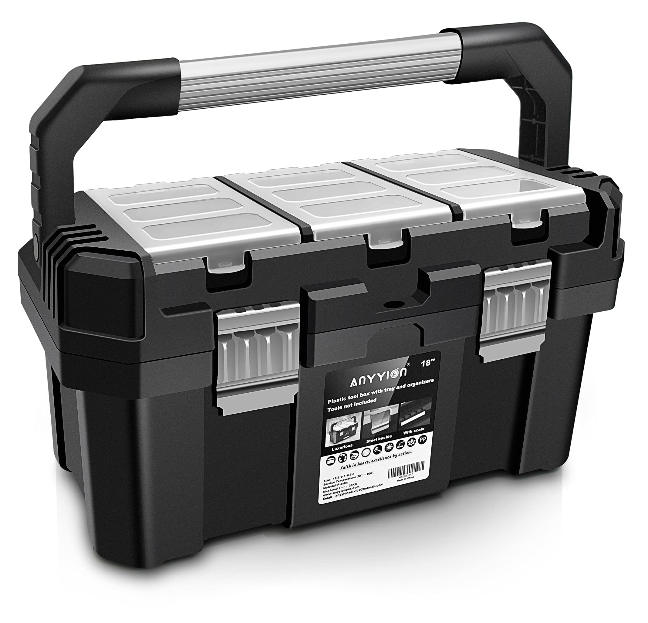 Anyyion 17-Inch Heavy Duty Tool Box with Removable Tray & Stainless Steel Dual Lock - Secure Small Parts Organizer with Rugged Metal Handle (17In) - Perfect for Workshop, Garage & DIY Projects