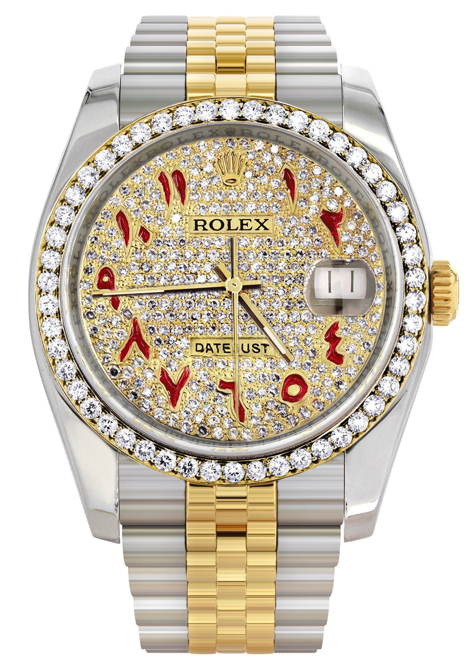 Rolex Datejust 36mm Men's Watch - 18K Gold & Diamond Bezel, Custom Red Arabic Dial, Jubilee Bracelet | Luxury Timepiece for Gifts, Weddings & Special Occasions