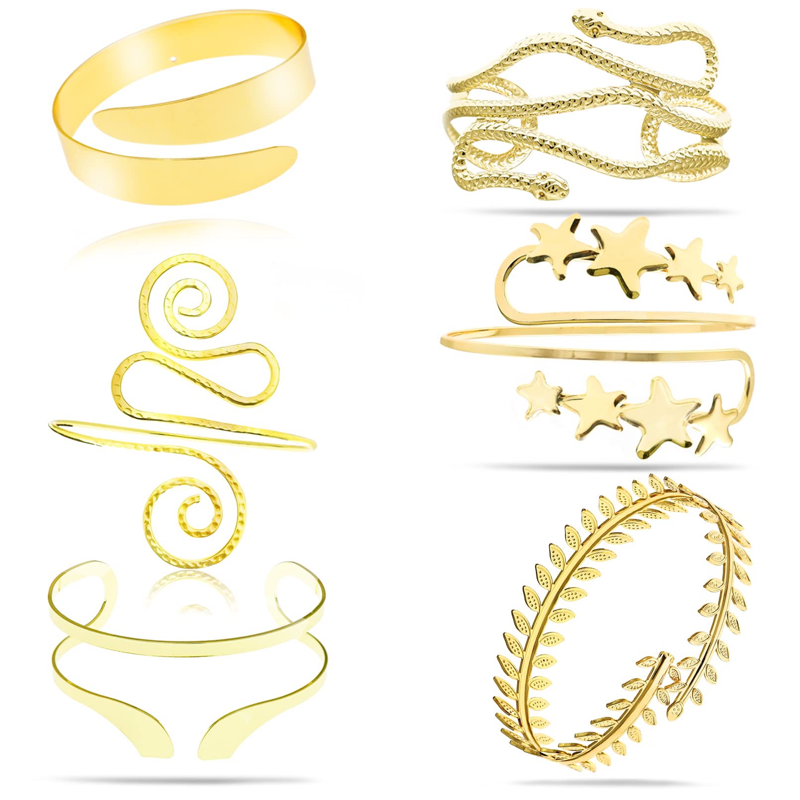RechicGu 6-Piece Adjustable Gold Leaf Arm Cuff Bracelet Set for Women - Stylish Arm Bands & Bangle Jewelry for Summer, Beach, Boho Fashion & Festival Outfits