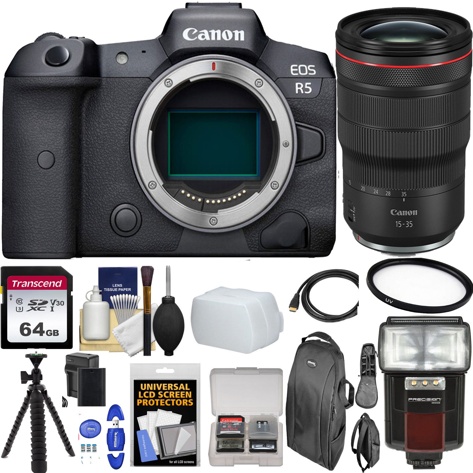Canon EOS R5 Full Frame Mirrorless Camera with RF 15-35mm f/2.8L IS USM Lens | 64GB Memory Card & Accessories Bundle | Professional Photography & Videography