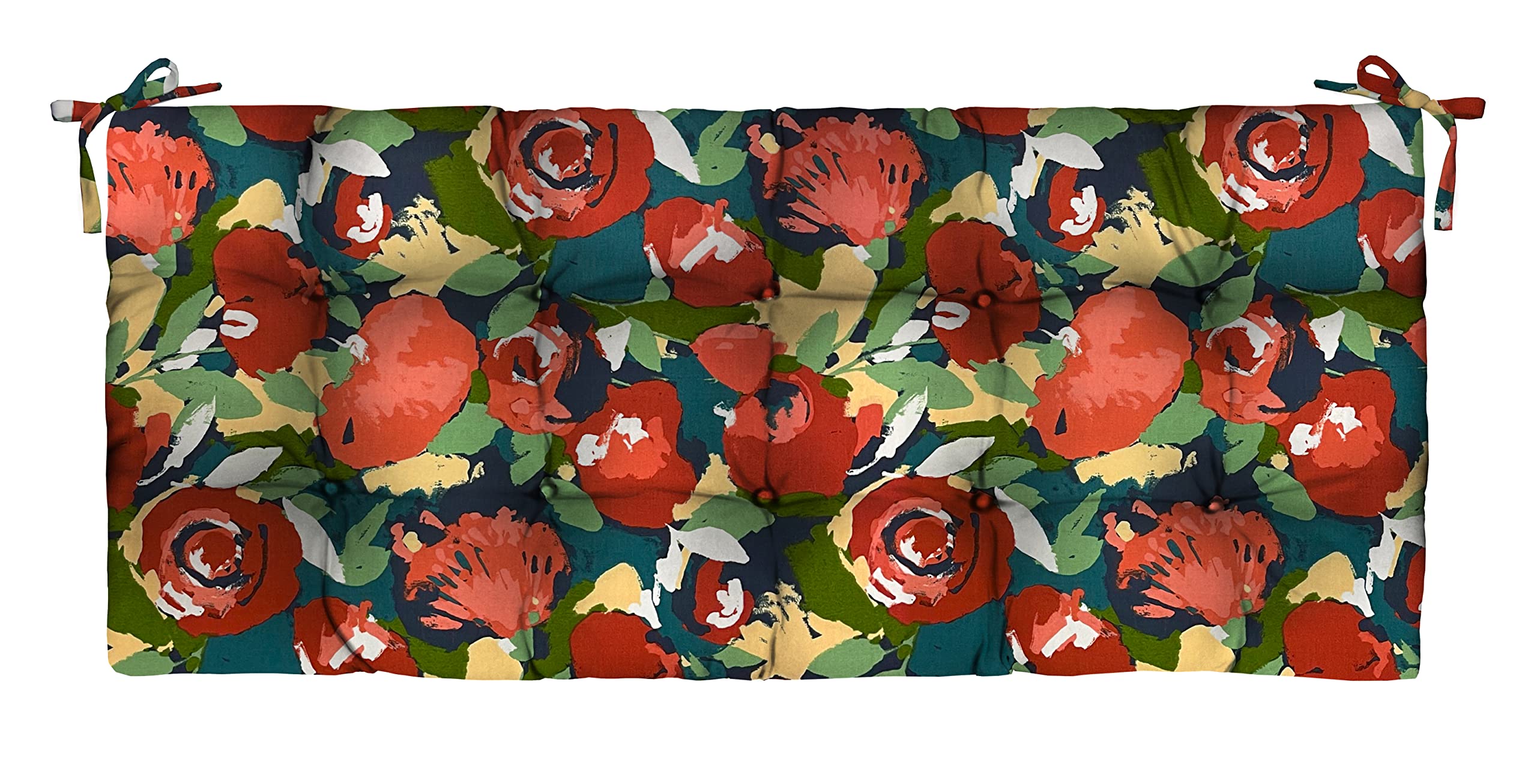 RSH Décor Indoor Outdoor Tufted Bench Cushion with Ties - 72” x 18” Waterproof Patio Seat Cushion, Novino Multi Red Floral Pattern - Perfect for Garden, Porch, Deck & Poolside Furniture