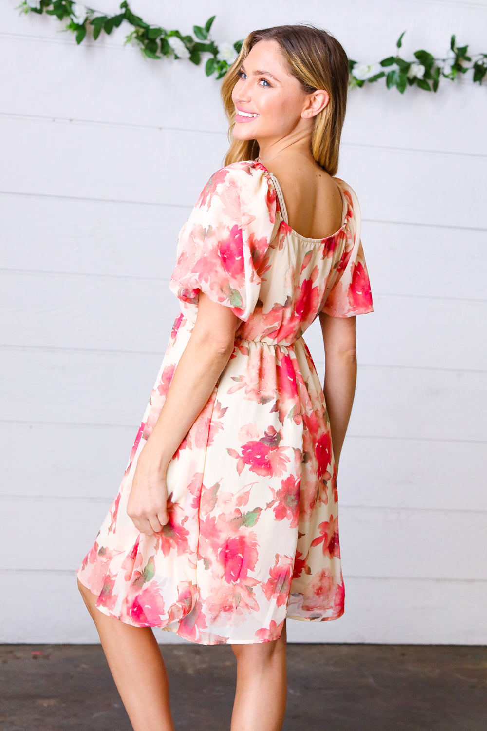Elegant Peach Floral Chiffon Puff Sleeve Dress for Women - Summer Wedding Guest Outfit & Garden Party Dress