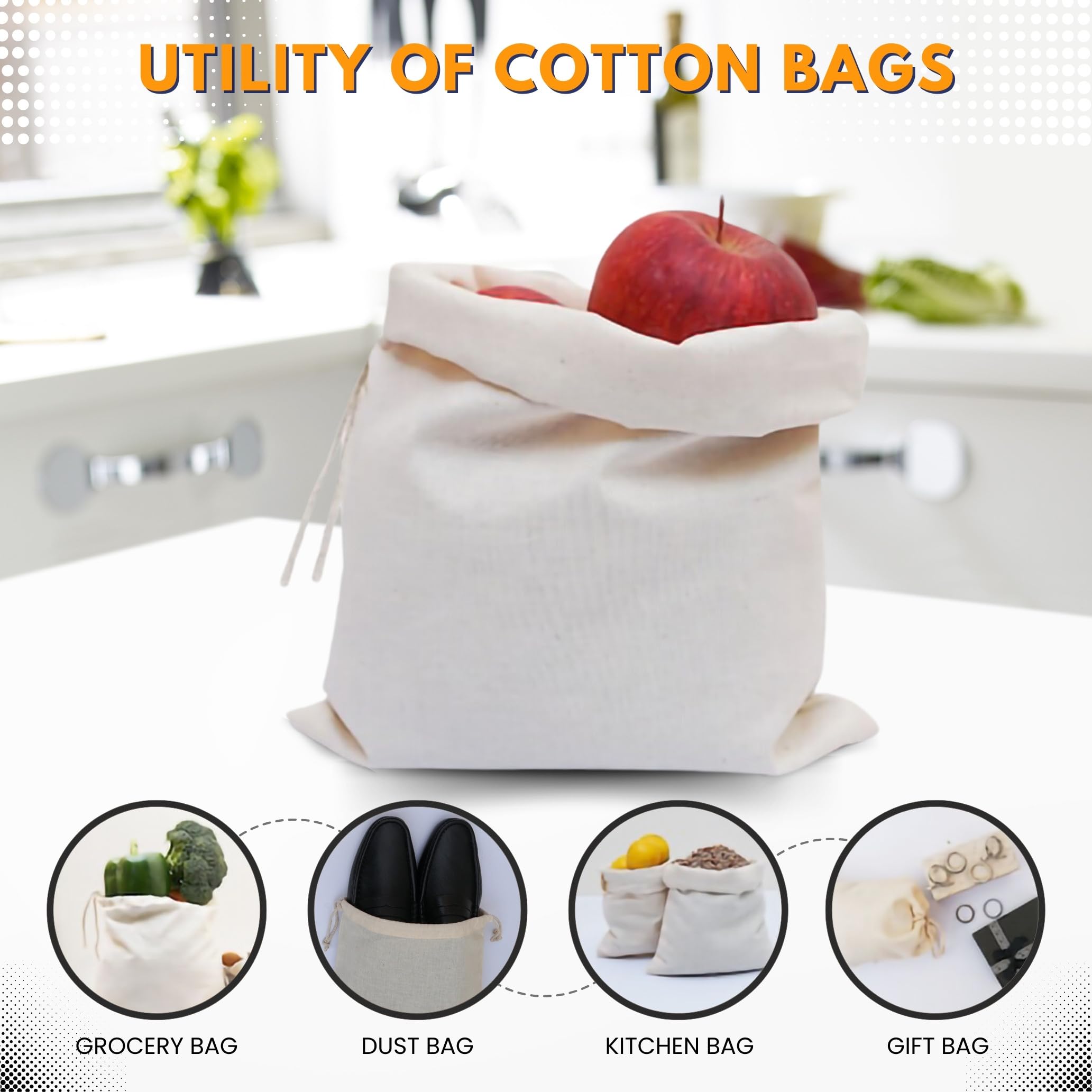 12-Pack 18x20 Inch Reusable Muslin Drawstring Bags - Washable Cotton Spice & Produce Storage Bags for Kitchen, Grocery Shopping, and Bulk Food Organization - Eco-Friendly Cloth Sachet Bags for Herbs, Tea, and Snacks