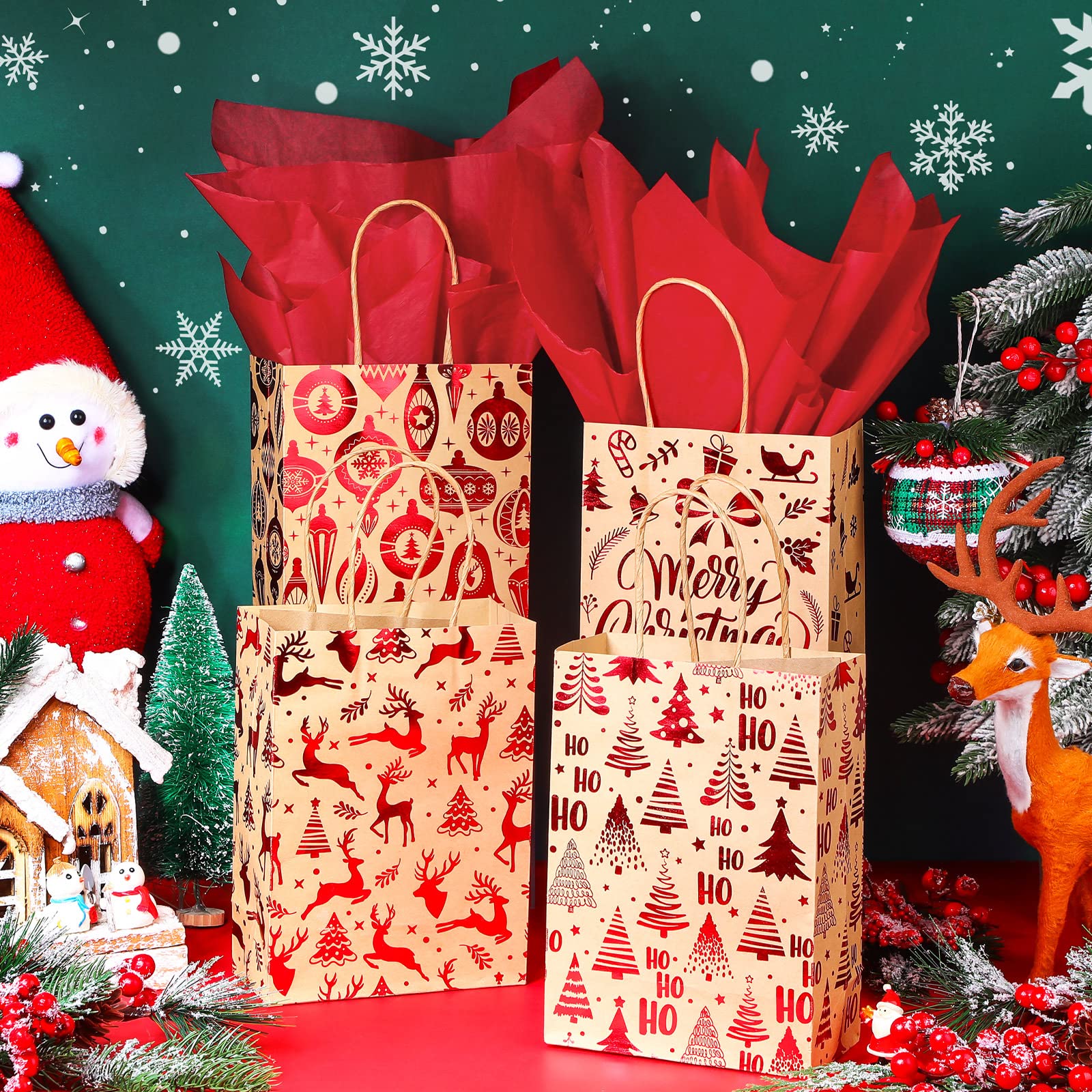 24 Pcs Christmas Gift Bags with Tissue Paper - Merry Christmas Kraft Paper Goodie Bags with Handles for Holiday Party Supplies (Red Snowflake, Small) | Perfect for Christmas Gifts, Office Party Favors & Festive Wrapping
