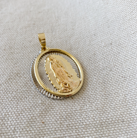 18K Gold Filled Hollow Oval Lady of Guadalupe Pendant with Rose Gold Accents - Stainless Steel Religious Necklace Charm for Women - Perfect for Baptism, First Communion & Everyday Faith Jewelry