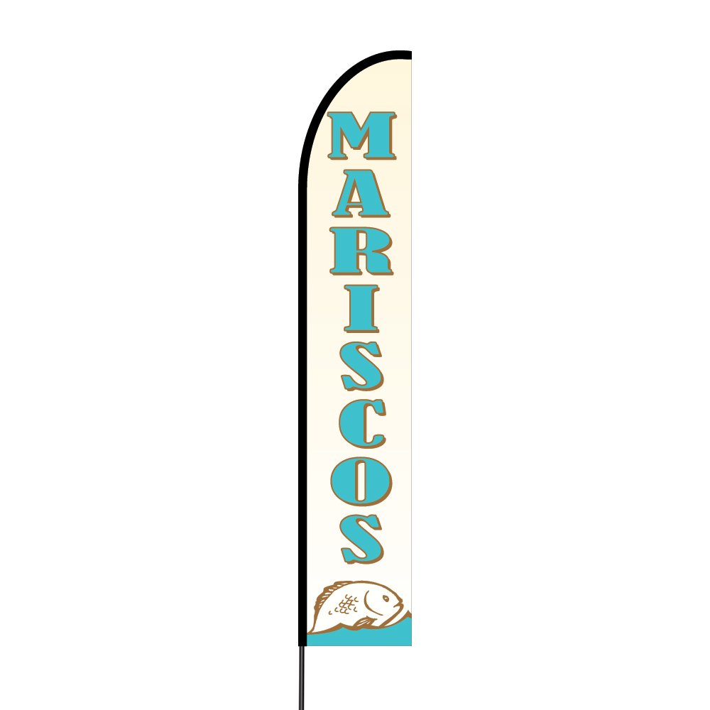 15ft Outdoor Printed Promotional Feather Flag with Pole Kit & Spike - Durable Business Advertising Swooper Banner for Restaurants, Events & Retail Stores (Mariscos Design)