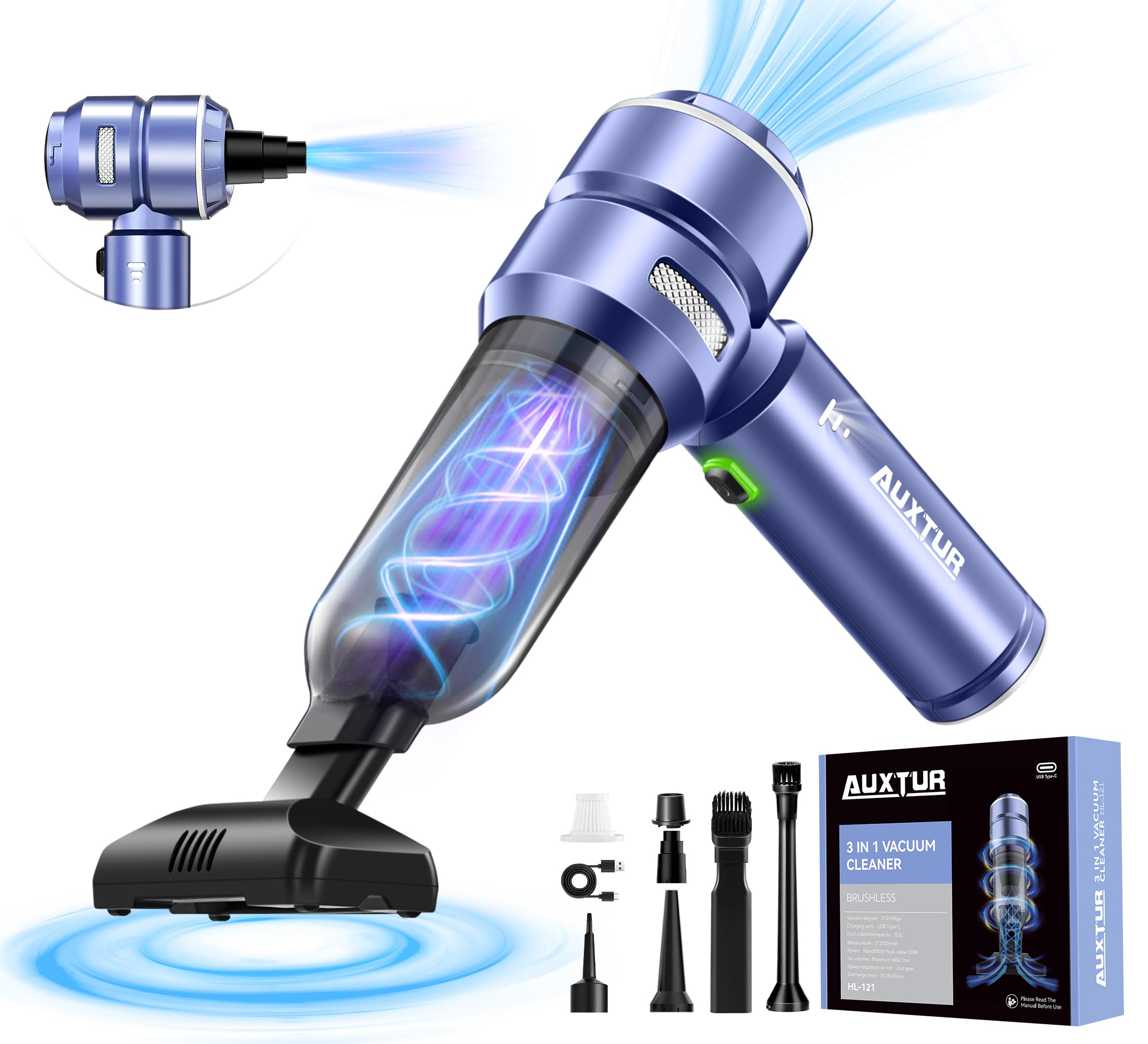 Powerful 15000PA Cordless Car Vacuum Cleaner - 3-in-1 High Suction Handheld Vacuum with Brushless Motor, 7800mAh Battery & Type-C Charging - Portable Car Vacuum for Auto Detailing, Home & Office Cleaning