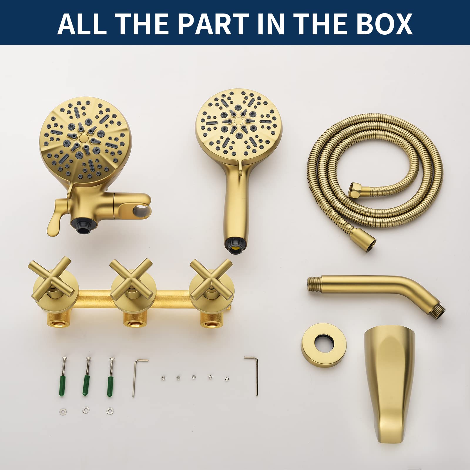 3 Handle Shower Faucet Set with Tub Spout - Complete Bathtub Shower System in Brushed Gold - Perfect for Bathroom Renovation & Luxury Spa Experience