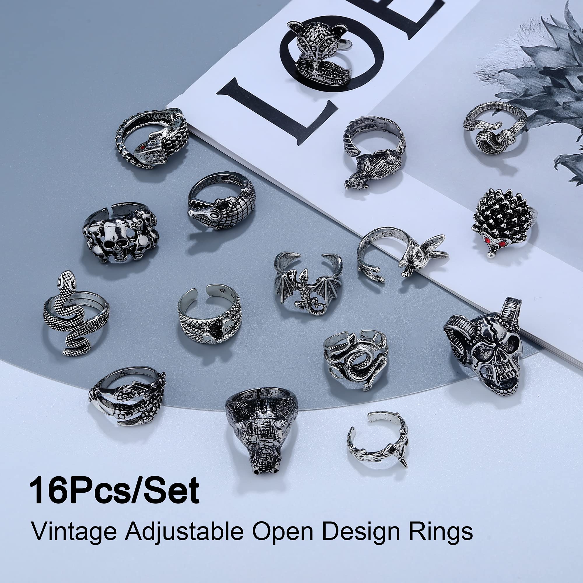 16Pcs Gothic Open Rings Set for Men & Women - Punk Adjustable Snake Dragon Claw Animal Rings - Vintage Goth Skull Rings - Perfect for Punk Fashion, Indie Aesthetic & Gothic Jewelry Collection