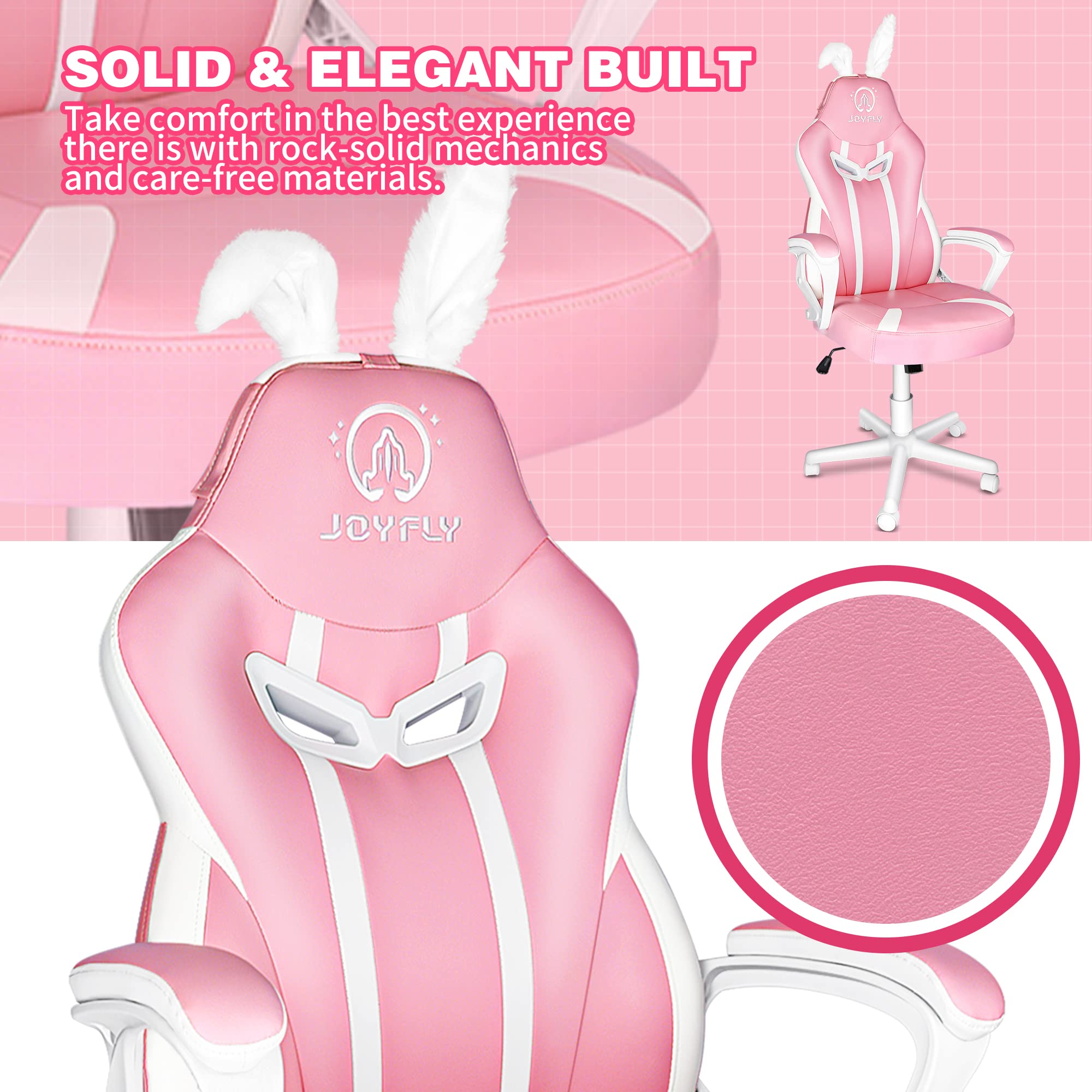 JOYFLY Pink Bunny Ears Gaming Chair - Ergonomic Computer Chair for Kids, Girls & Adults - Cute Kawaii Office & Video Game Chair for Girlfriend, Sister or Wife - Perfect for Gaming Setups, Home Office & Streaming (Pink)