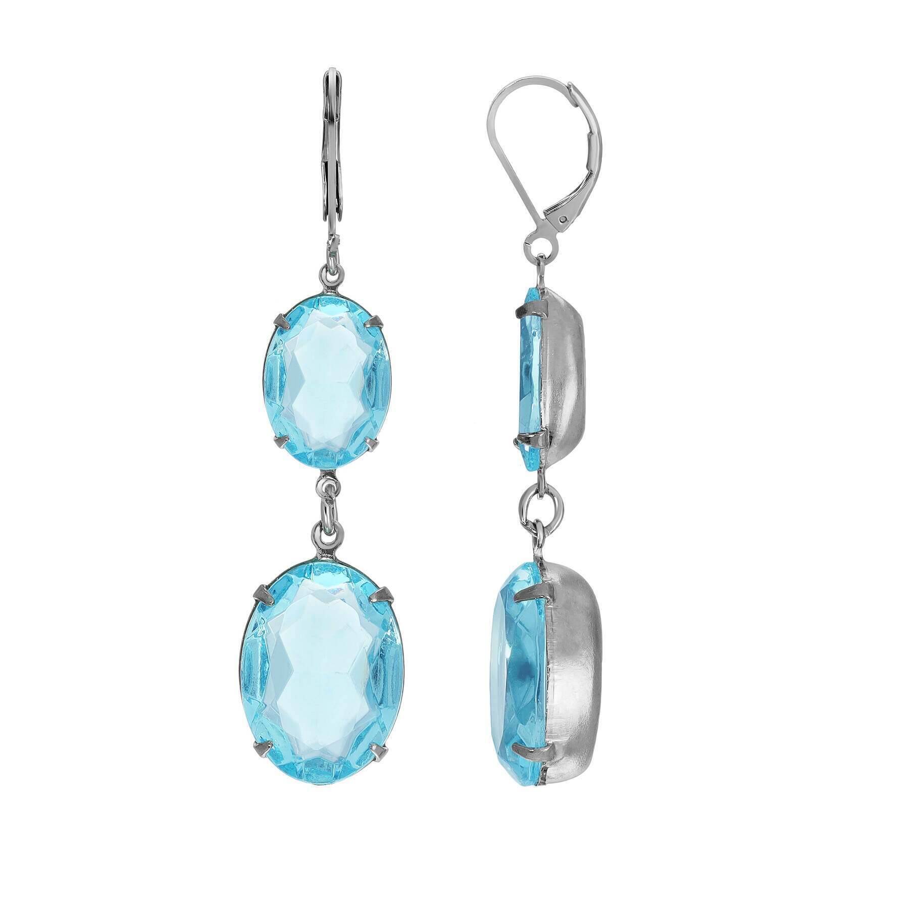 1928 Jewelry Atlantis Aqua Blue Oval Glass Crystal Dangling Earrings for Women - Vintage Style Bohemian Dangle Earrings for Party, Wedding & Special Occasions