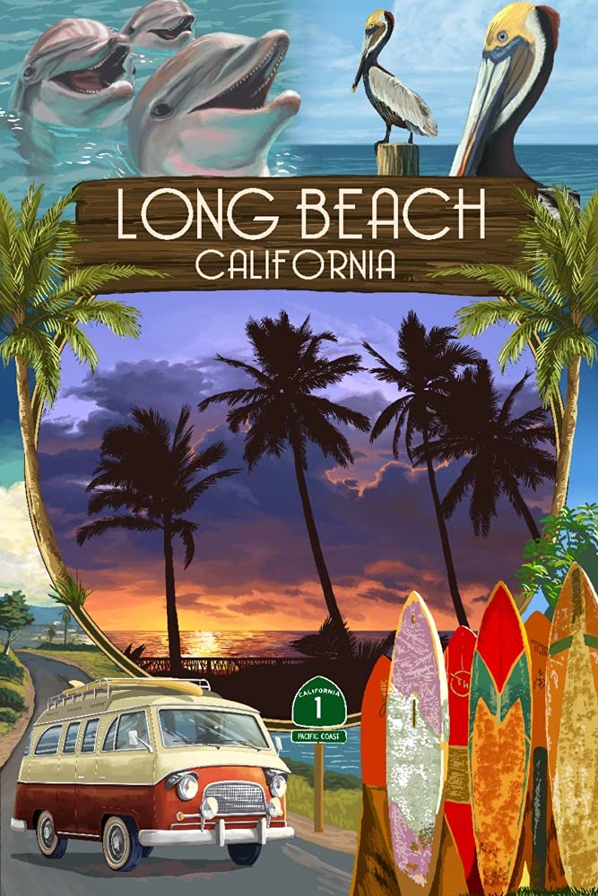 Signed Long Beach California Montage with Camper Van 24x36 Art Print - Premium Wall Decor Poster for Beach House, RV Enthusiasts & Travel Lovers