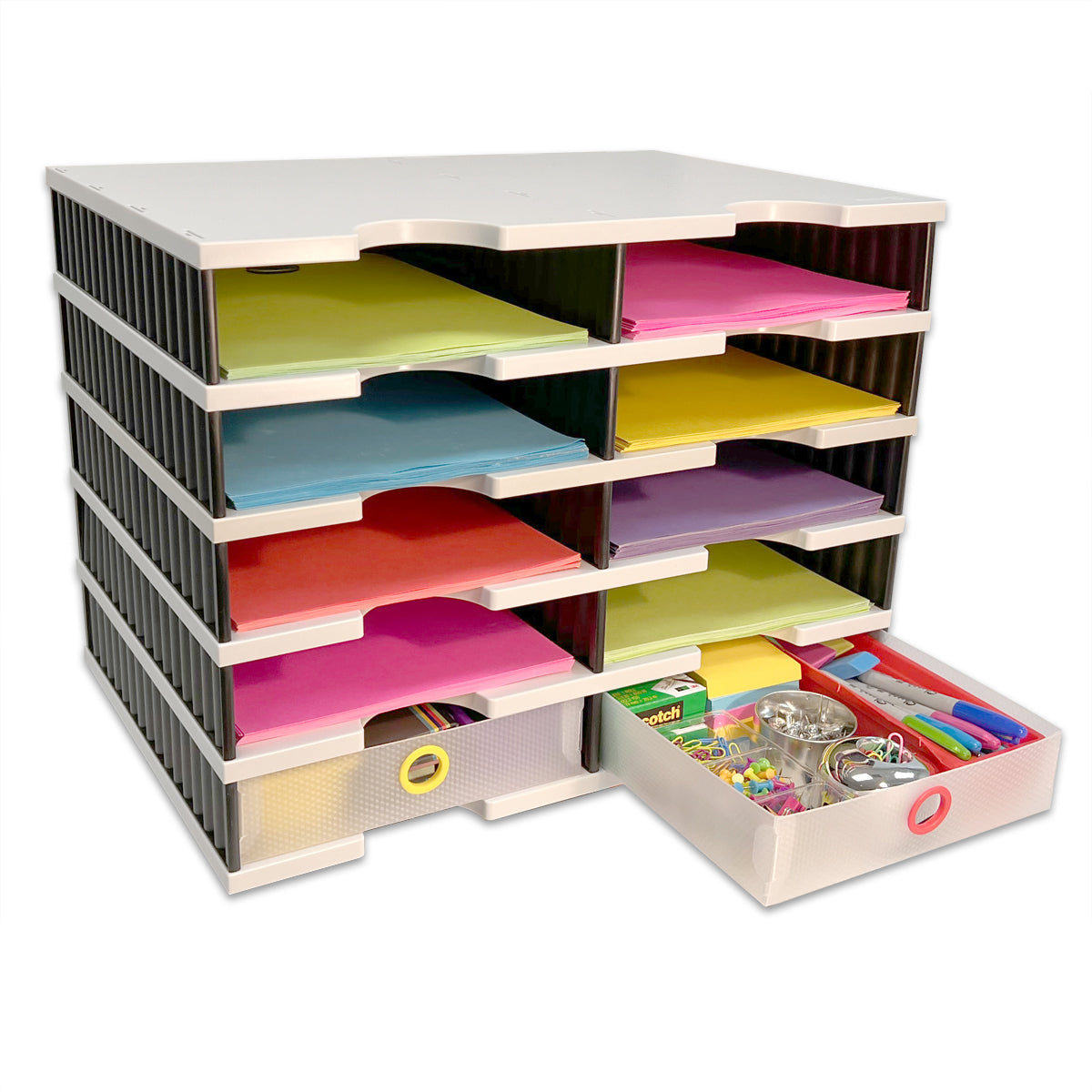 10-Letter Tray Desktop Organizer with 2 Supply Drawers - Modular File Sorter for Documents, Office Supplies & Paperwork | Perfect for Home Office, Workspace & School Organization