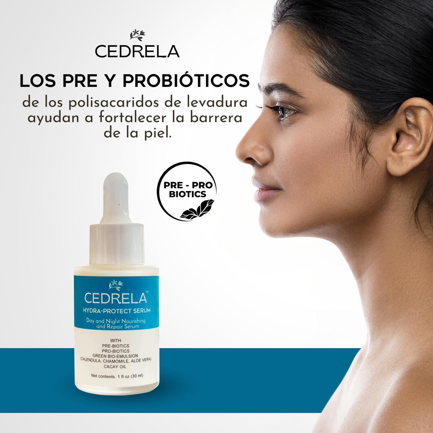 Cedrela Hydra-Protect Serum - Day & Night Nourishing Repair with Prebiotics, Probiotics, Bioemulsion, Calendula, Chamomile & Aloe Vera - Vegan, All-Natural Facial Serum (1 fl oz) - Hydrating Skincare for Dry, Sensitive Skin - Perfect for Daily Moisturizing Routine & Anti-Aging Care