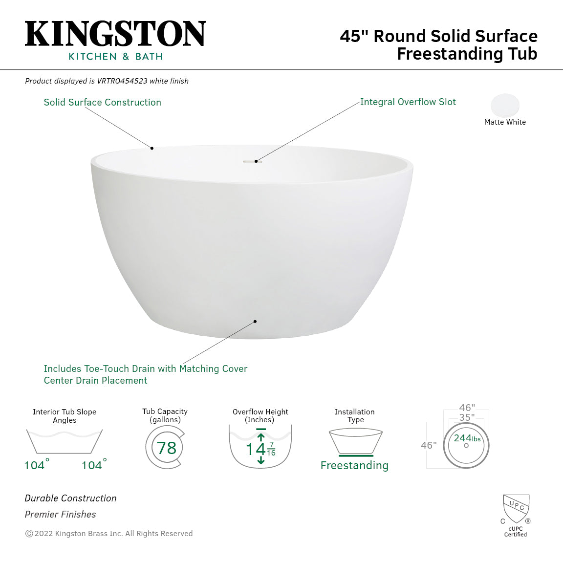 Arcticstone VRTRO454523 45-Inch Freestanding Double-Ended Bathtub - Solid Surface Matte White with Drain - Perfect for Modern Bathrooms & Spa-Like Retreats