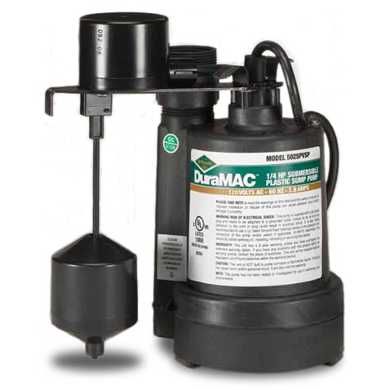 6190-154 5025PVSP 1/4 HP Plastic Vertical Sump Pump - Heavy Duty Water Removal for Basement, Crawl Space & Flood Control | Home & Commercial Use