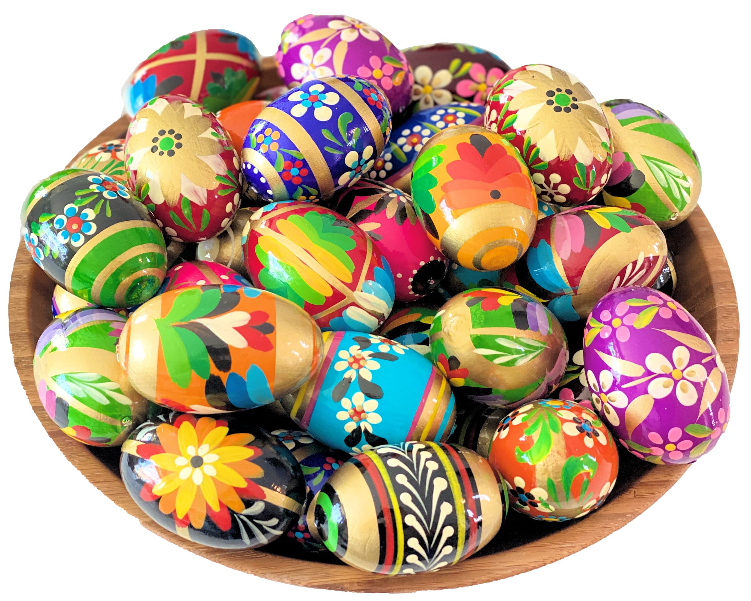 Handpainted Polish Easter Wooden Eggs (Pisanki) - Set of 6 Large Traditional Decorated Eggs for Easter Basket, Home Decor, and Holiday Gift Giving
