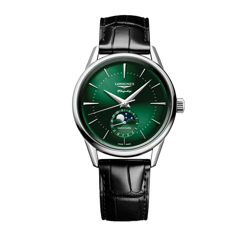 Flagship Heritage Moonphase 38.5mm Automatic Watch - Sunray Green Dial, Stainless Steel Case | Perfect for Business, Formal Events & Luxury Gift Giving