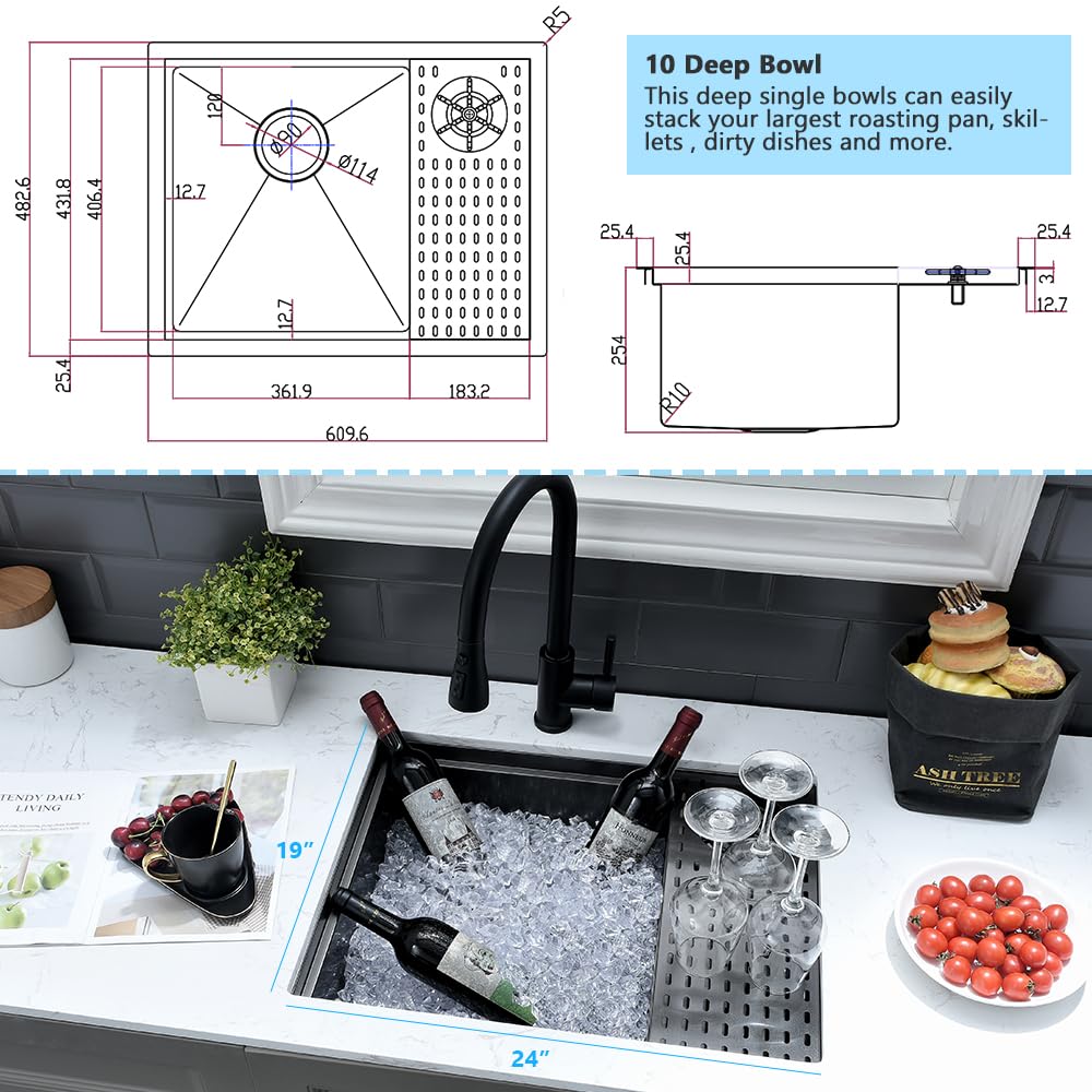 24 Inch Black Undermount Kitchen Sink with Glass Rinser - 16 Gauge Deep Single Bowl Stainless Steel Sink for Wet Bar & Workstation | VASOYO 24x19 Inch | Perfect for Modern Kitchens, Bars & Commercial Use