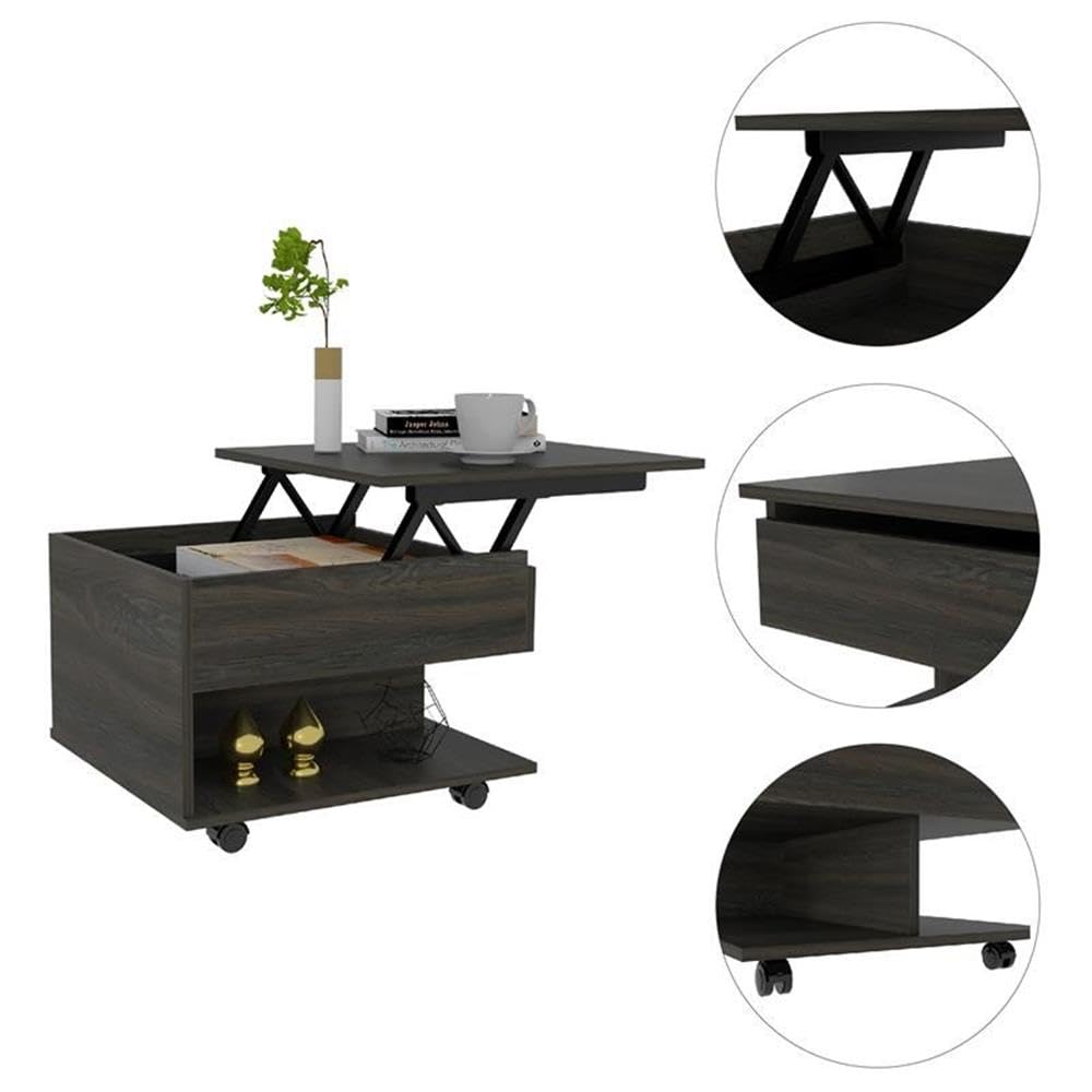 Pemberly Row Espresso Coffee Table with Wheels - Perfect for Living Room, Office, and Small Spaces