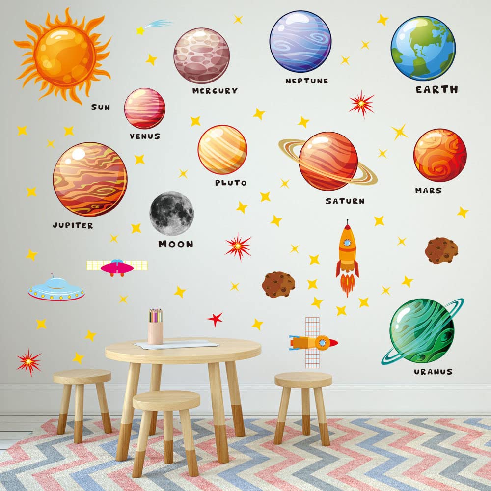 Cartoon Space Wall Stickers - Rocket, Cosmonaut & Planet Decor for Kids Room, Nursery & Playhouse | Solar System Learning Mural & Astronaut Wall Decals | Perfect for Bedroom, Classroom & Playroom Decor