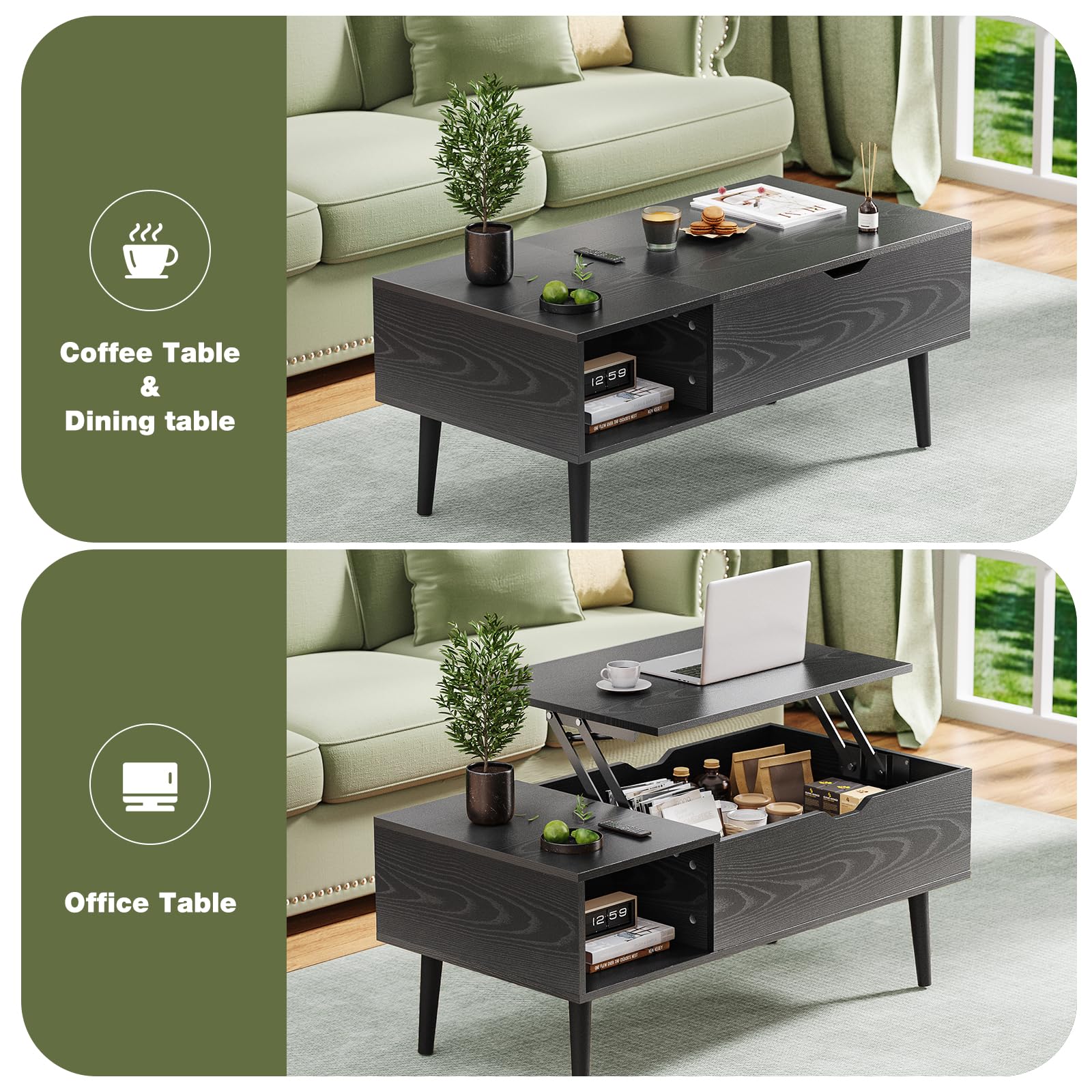 Wood Lift Top Coffee Table, Hidden Compartment and Large Storage Shelf, Versatile for Living Room, Home Office, and Dining, Black Finish