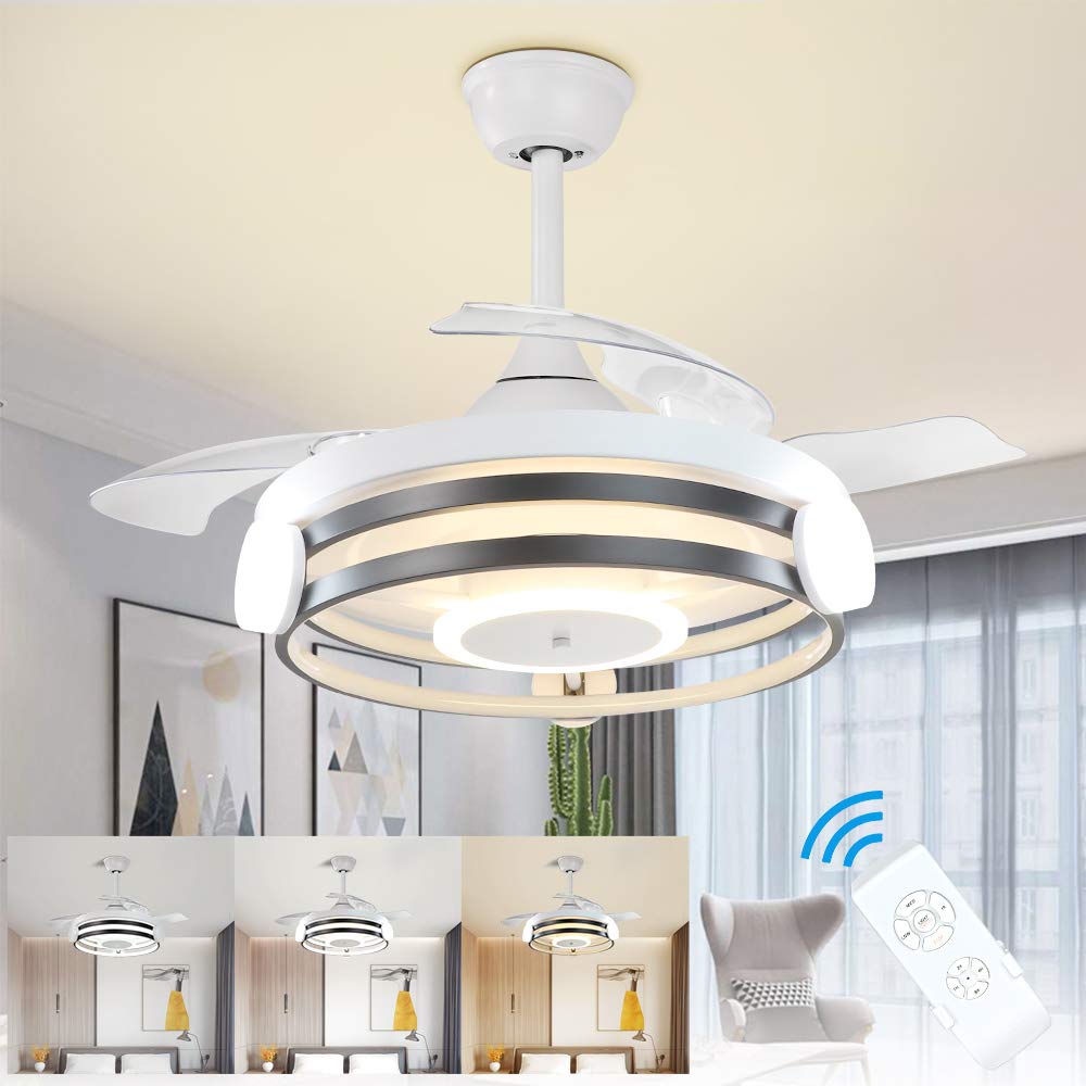 35 Inch Retractable Bladeless Ceiling Fan with Remote Control - 30W LED Light, 3 Speed Settings, Timer Function & 3 Color Options - Ultra Quiet Modern Ceiling Fan for Kitchen, Bedroom, Living Room - FCC Certified | Perfect for Home Cooling & Ambient Lighting