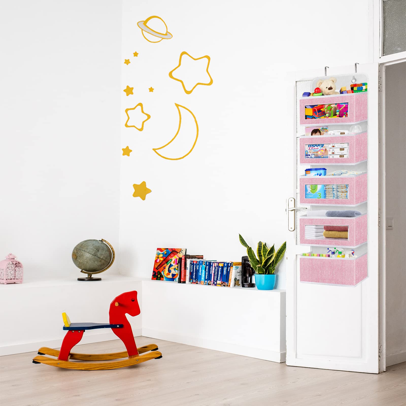 Homyfort Over The Door Organizer with 5 Large Pockets - Pink Wall Storage for Nursery, Girls Room, Pantry, Dorm, Bathroom & Closet | Space-Saving Solution for Home Organization & Decluttering