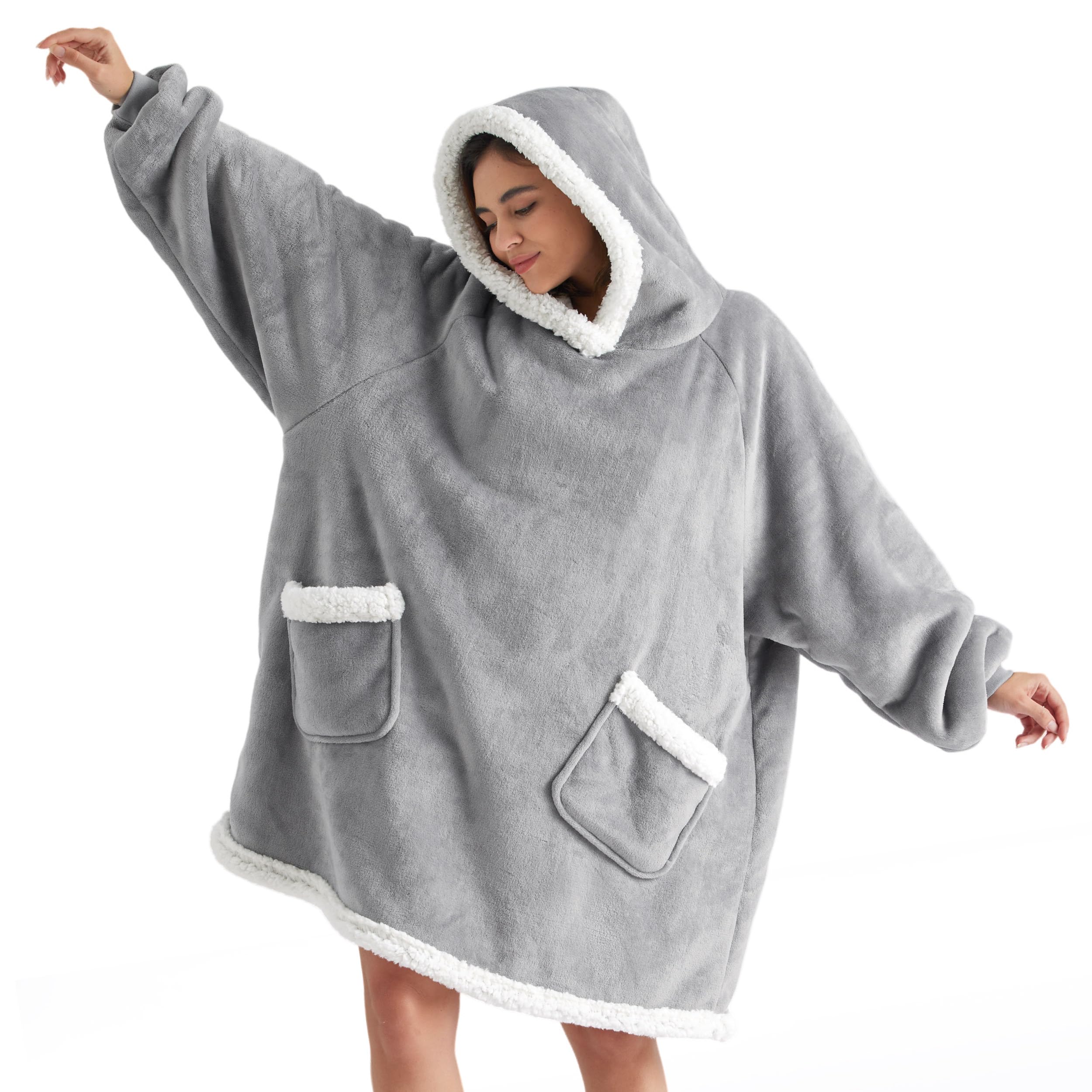 Bedsure Wearable Blanket Hoodie for Adults & Kids - Cozy Grey Fleece Hooded Blanket, Perfect Birthday Gift for Women, Men & Mom, Mothers Day Present, Ideal for Lounging, Camping & Movie Nights