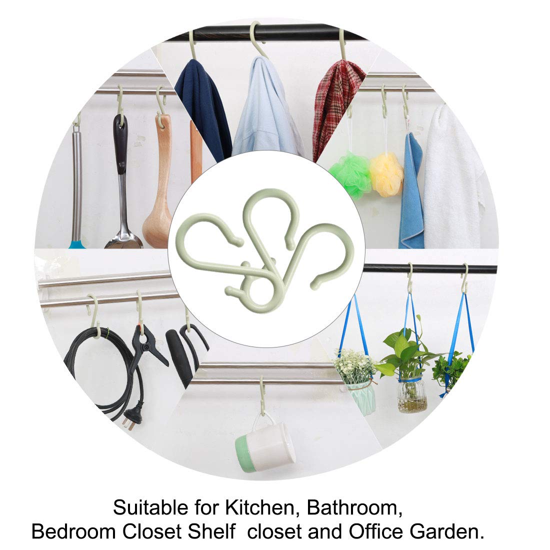 uxcell 4 Pack S-Shaped Plastic Hooks - Heavy Duty Hangers for Kitchen, Bathroom, Closet - Organize Pots, Pans, Cups, Utensils, Clothes & Towels (Light Green) - Perfect for Space Saving Storage & Home Organization