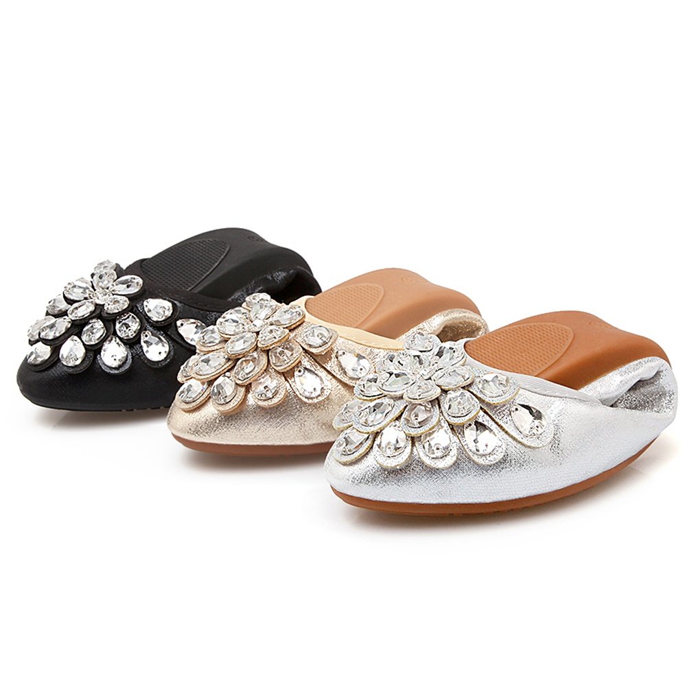 Meeshine Women's Foldable Soft Pointed Toe Ballet Flats - Rhinestone Decorated Comfortable Slip On Shoes for Work, Travel & Casual Wear
