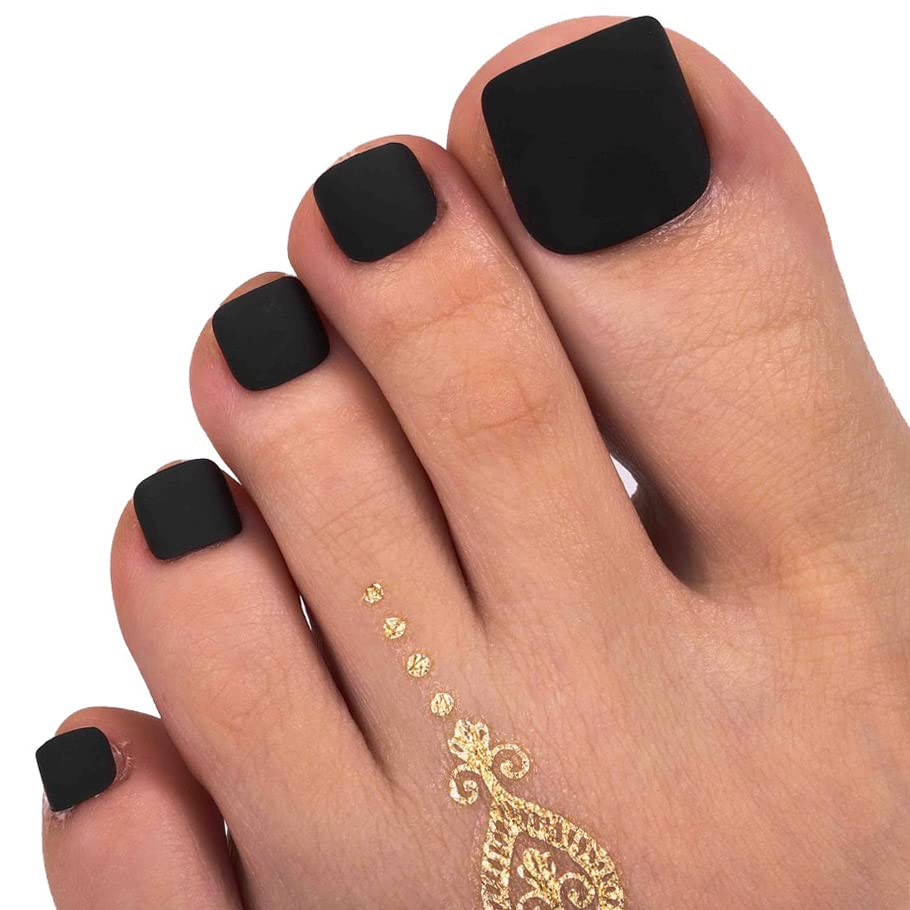 Aularso Black Press on Toenails - Square Fake Toes Nails Matte Full Cover Artificial False Toenails - Stick on Nails for Women and Girls - Perfect for Pedicures, Parties & Daily Wear (Black)