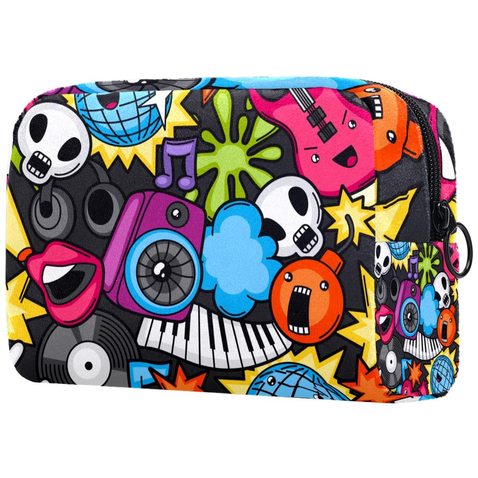 Large Travel Makeup Bag with Zipper - Cute Music Cartoon Cosmetic Organizer for Women & Girls - Portable Makeup Case for Travel, Gym, School & Daily Use