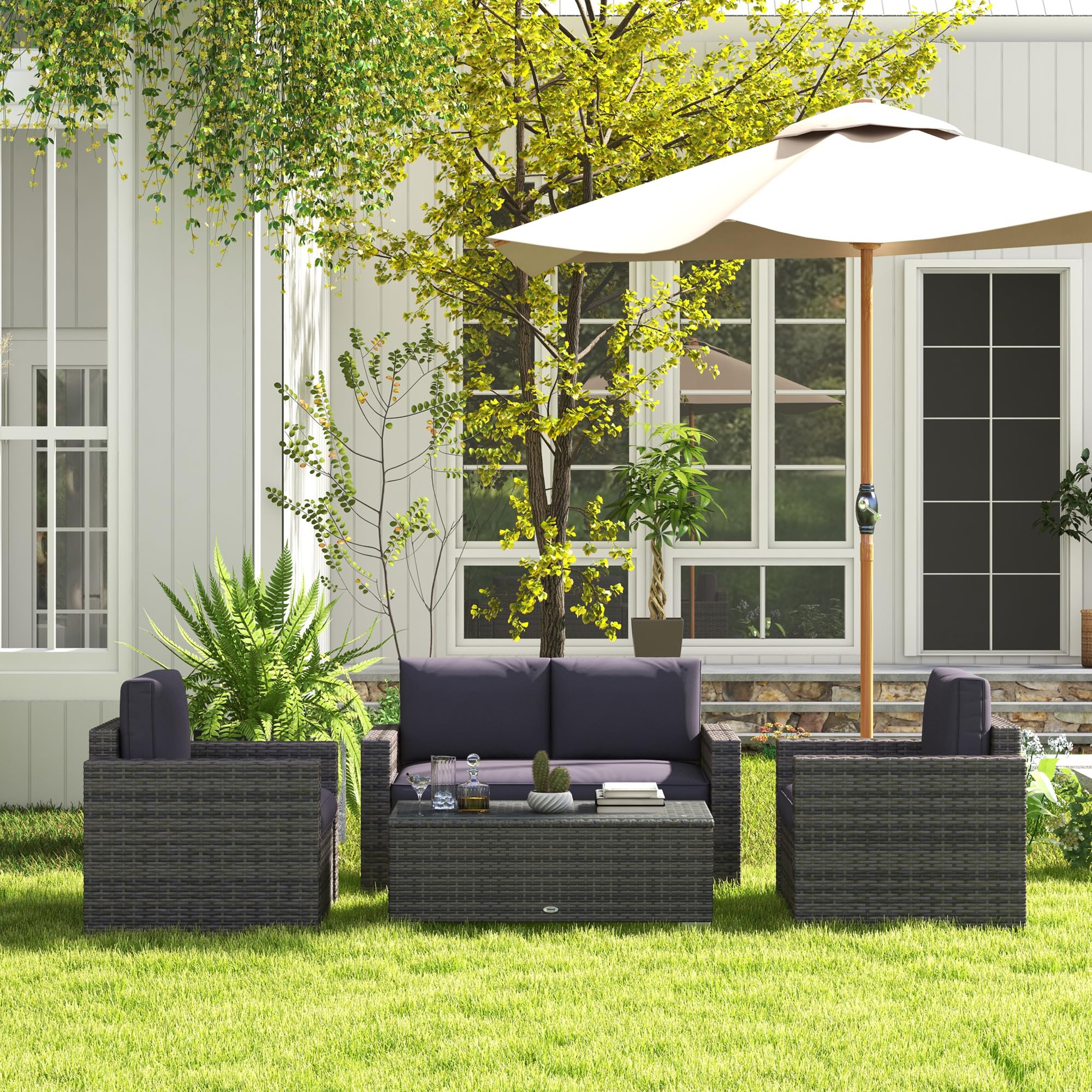 Outsunny 4-Piece Gray Wicker Patio Furniture Set with Cushions - Outdoor Sectional Sofa Set with 2 Sofas, Loveseat & Glass Top Coffee Table - Perfect for Garden, Backyard, and Poolside Relaxation