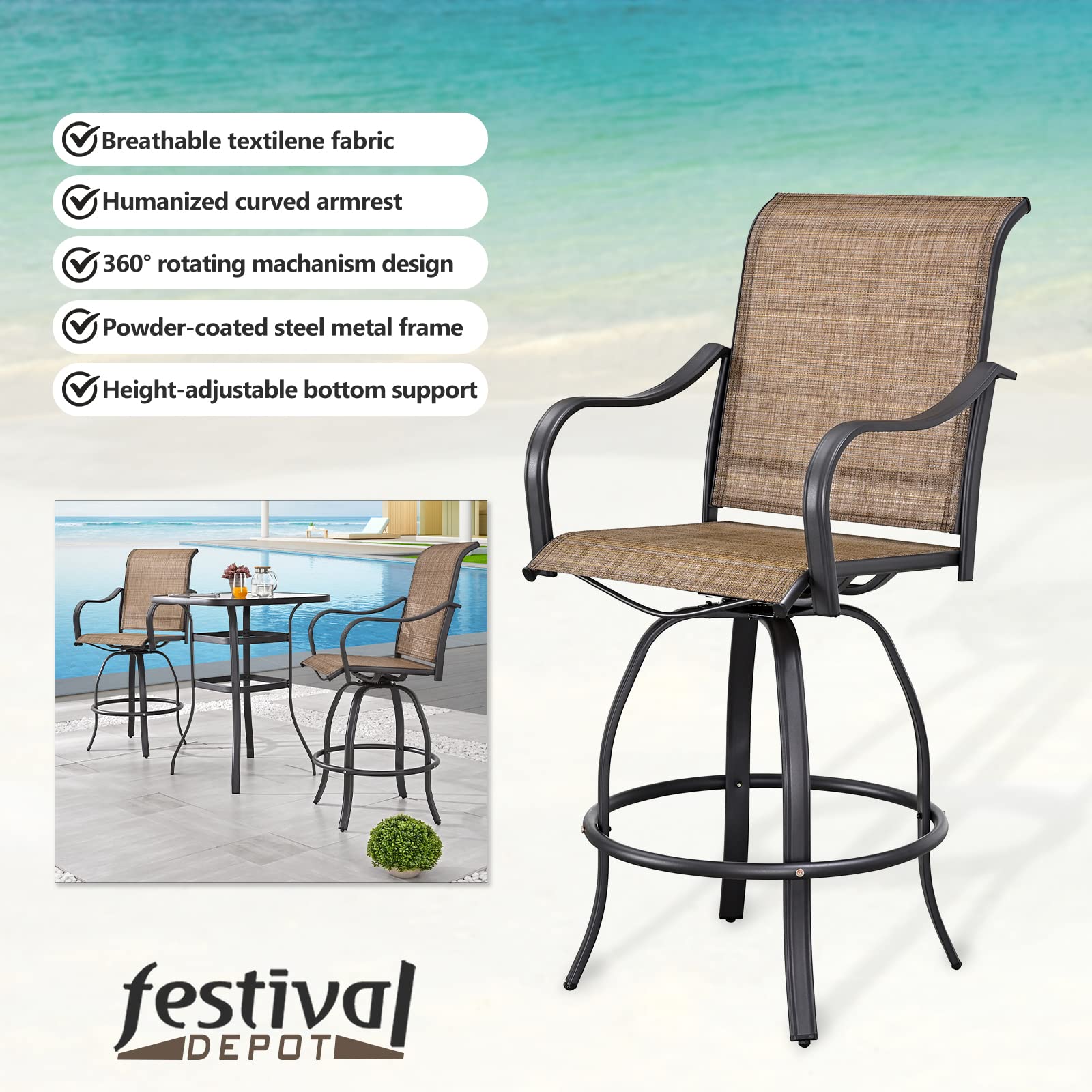 6-Piece Patio Dining Set with Swivel Bar Stools & Tempered Glass Table - Outdoor Metal Bistro Furniture for Yard, Garden, or Balcony (Brown) - Perfect for Entertaining, BBQs, and Relaxing Outdoors
