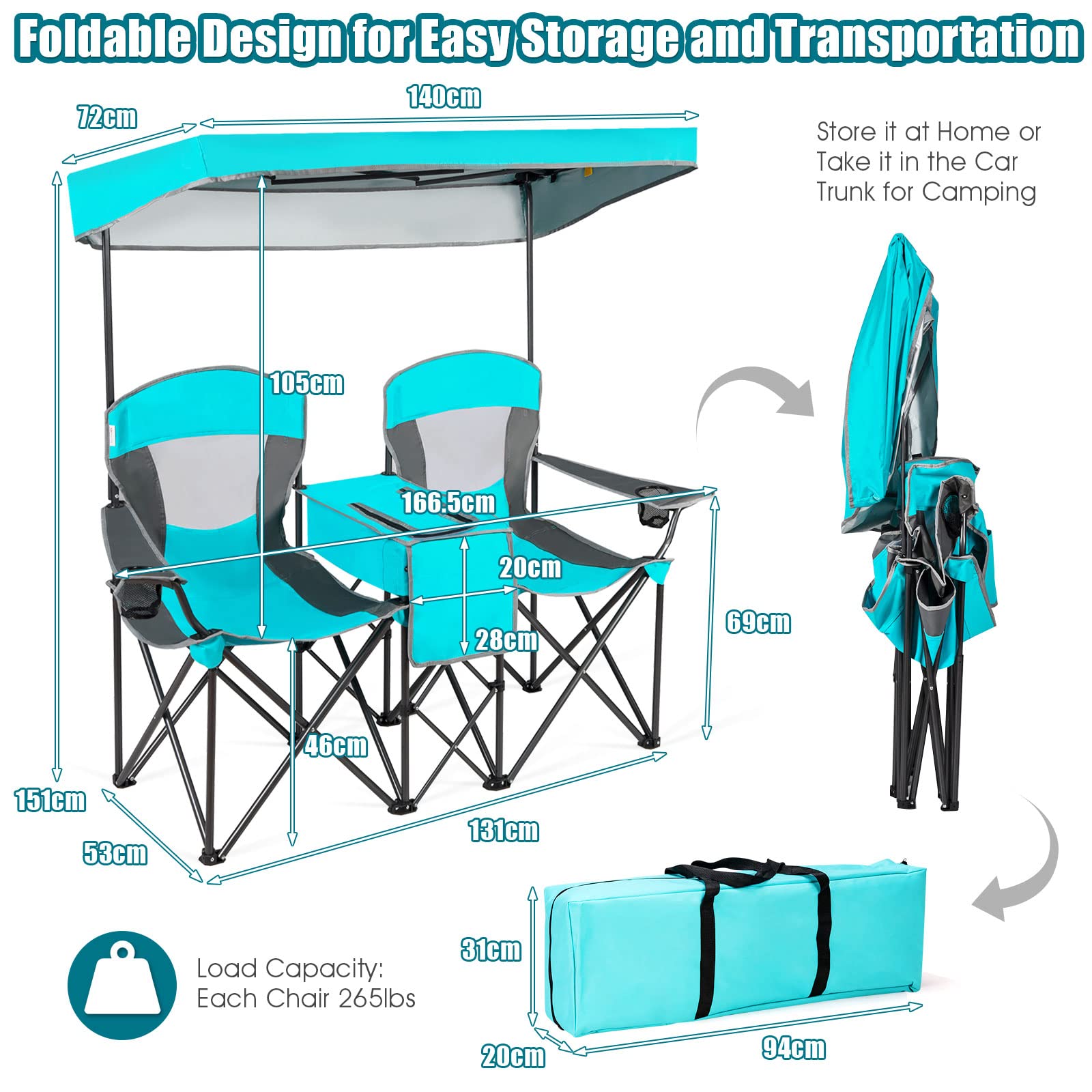 **SAFSTAR Double Camping Chair with Canopy Shade - Portable Folding Loveseat with Mini Table, Cup Holder & Carrying Bag - Outdoor Beach, Lawn, Picnic & Camping Chairs (Turquoise) - Perfect for Couples, Backyard Relaxing & Beach Vacations**