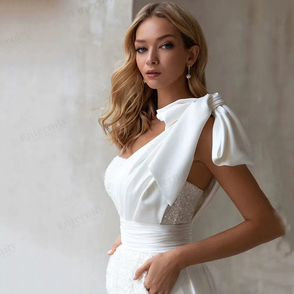 Elegant One Shoulder Short Jumpsuit Wedding Dress with Detachable Train & Bow - Perfect for Beach Weddings, Vow Renewals & Romantic Photoshoots