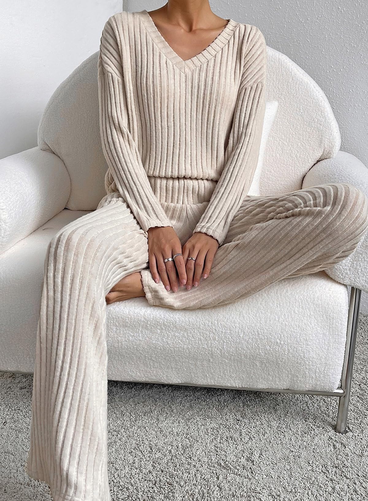 SHEWIN Women's Pajama Sets - Long Sleeve & Short Sleeve 2-Piece Lounge Outfits, Ribbed Knit Sweater Sleepwear for Comfortable Nights & Relaxing at Home