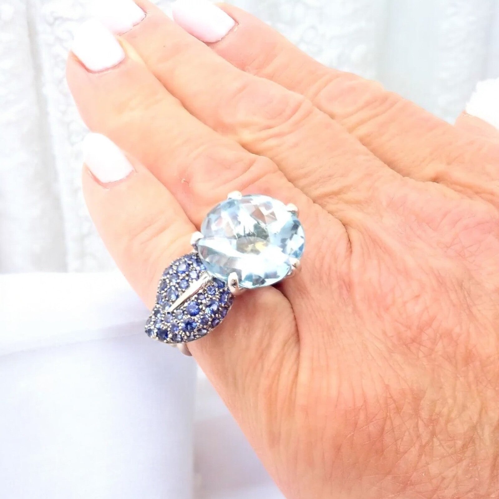 Authentic Chanel Camellia Flower 18k White Gold Aquamarine Sapphire Ring - Luxury Jewelry for Women, Elegant Gift for Anniversary, Wedding & Special Occasions