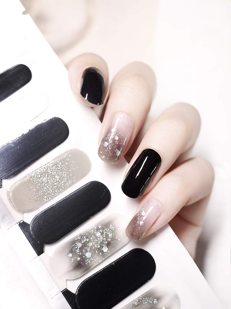 Beetle Studio 2021 Latest 22PCS Nail Art Stickers - French Gradient Glitter Nail Decals, DIY Nail Polish Strips & Wraps for Manicure, 100% Real Nail Polish Applique (Y239-Curtain of Night) - Perfect for Home Salon, Party Nails & Gift Giving