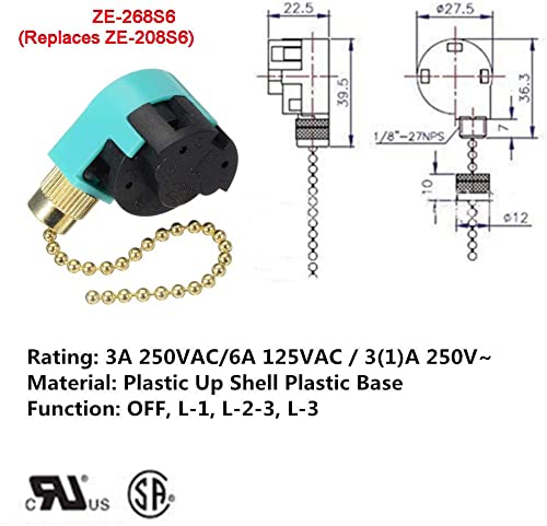2 Pack Ceiling Fan Speed Control Switch 3 Speed 4 Wire Pull Chain Cord Replacement Part 268S6 - Gold Finish | Compatible with Ceiling Fans & Wall Lamps | Perfect for Bedroom, Living Room & Outdoor Patio Cooling