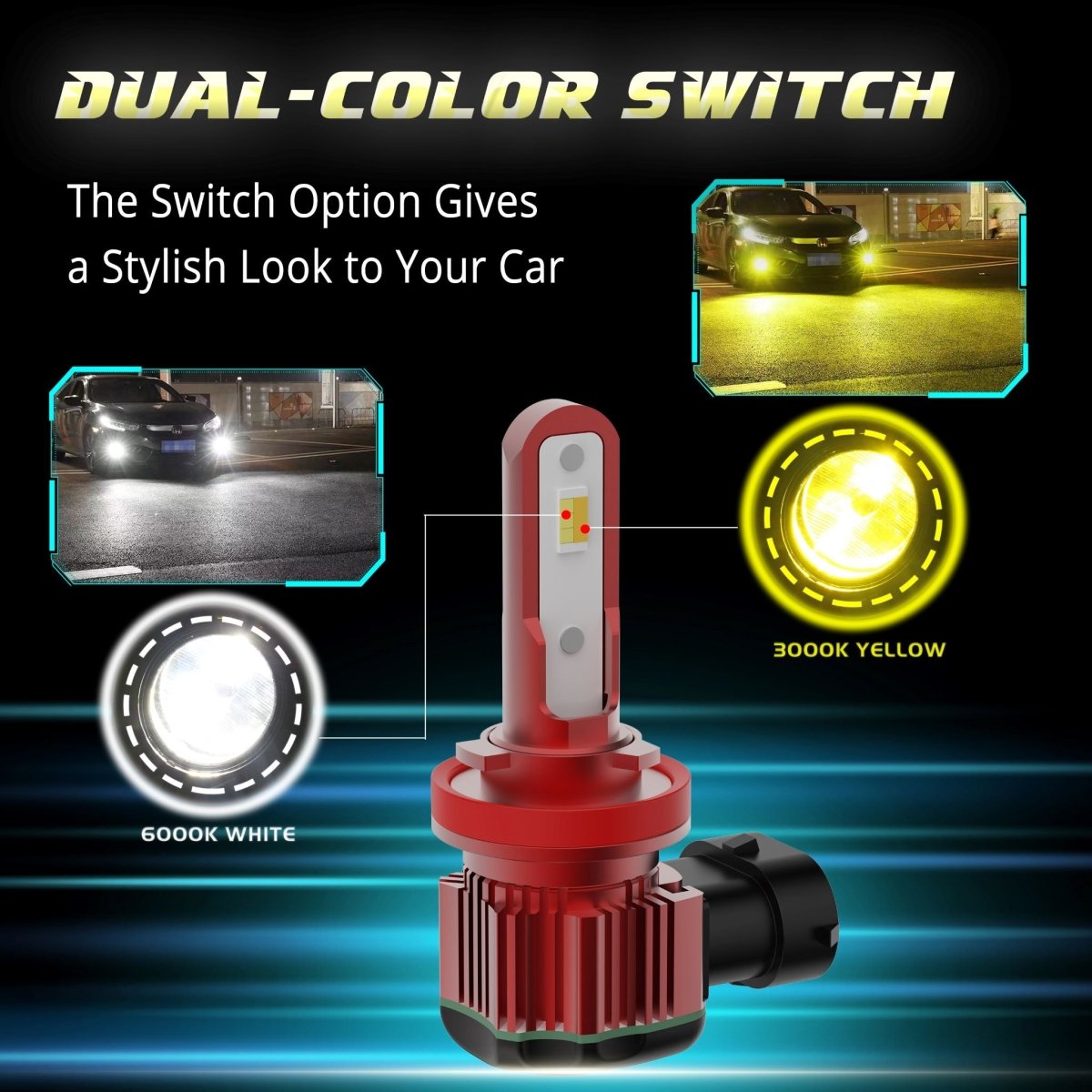 H7 LED Switchback Fog Lights & DRL Bulbs - 6000K White/3000K Yellow - Compatible with Cars, Trucks, SUVs - Perfect for Daytime Running Lights & Foggy Conditions