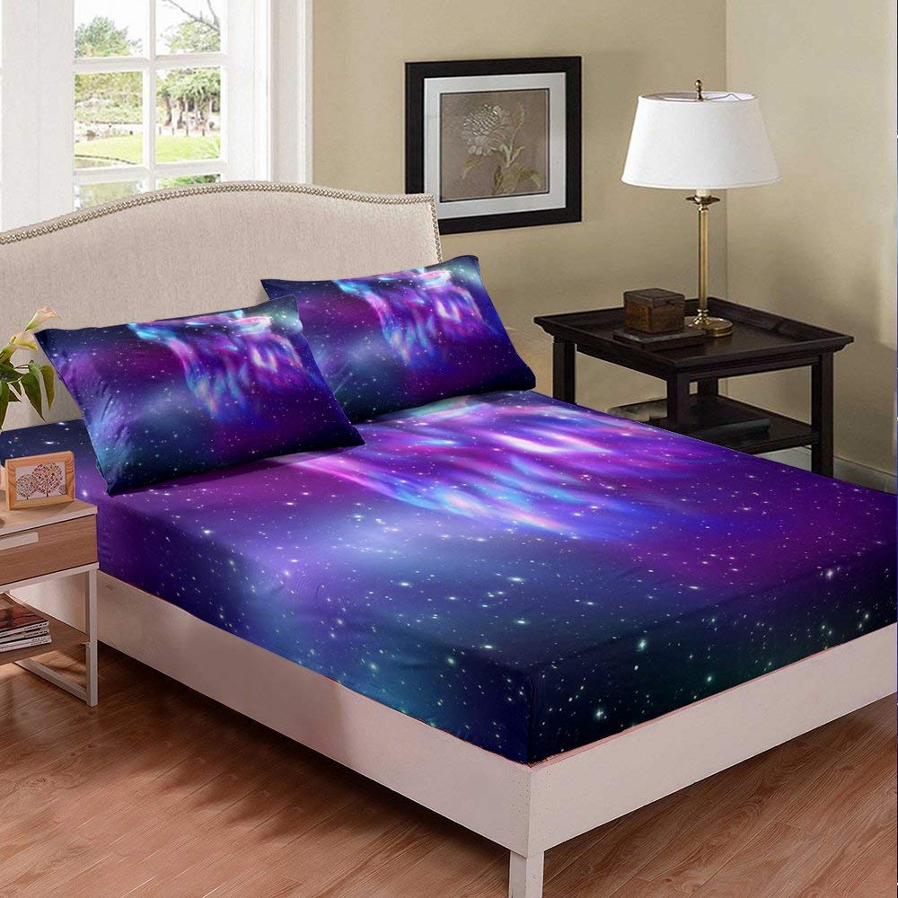 Galaxy Wolf Purple Kids Fitted Sheet Queen Size - 3 Piece Microfiber Bedding Set (1 Fitted Sheet + 2 Pillowcases) - Soft & Durable for Teens & Young Adults - Perfect for Space-Themed Bedrooms & Cosmic Decor