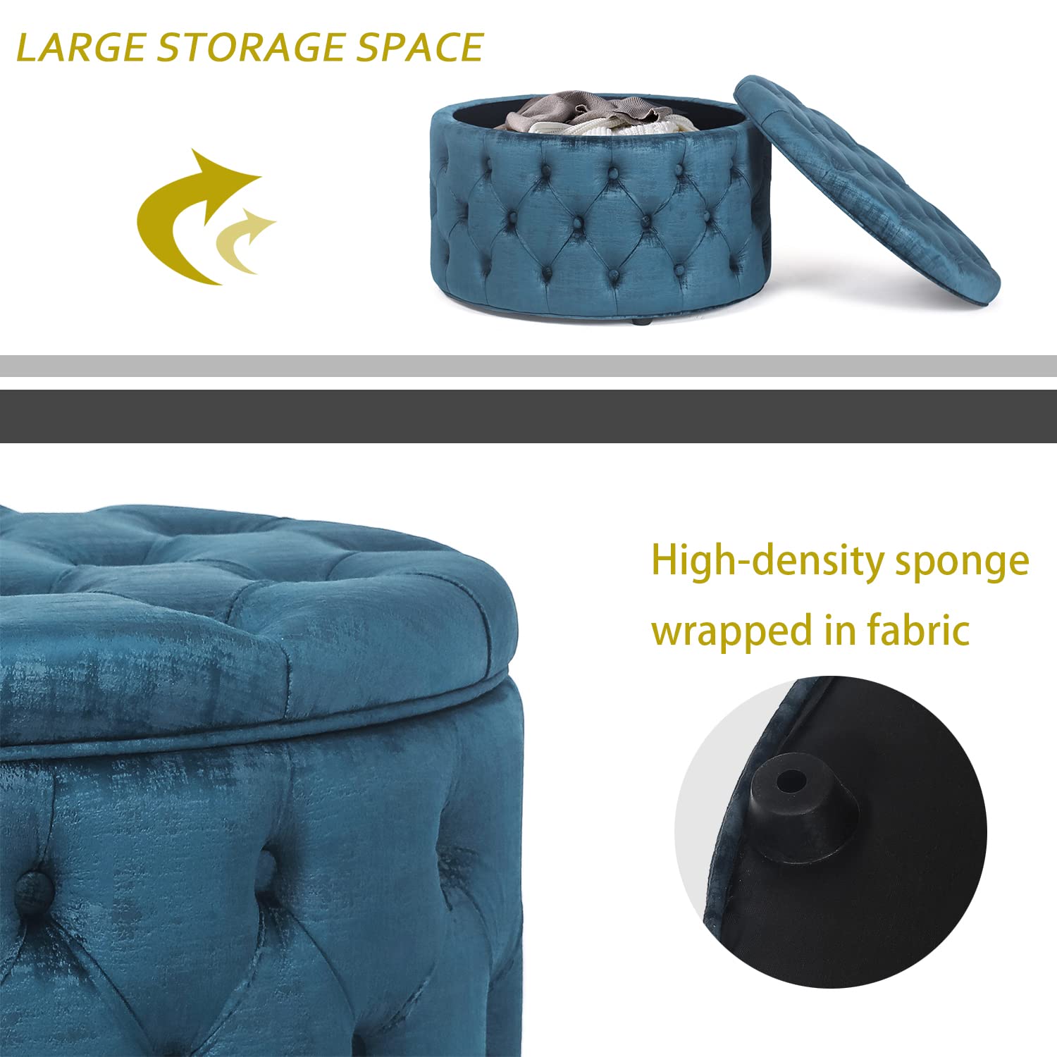 Joveco Round Storage Ottoman with Removable Top - Button Tufted Upholstered Bench, Coffee Table & Footrest Stool for Living Room, Bedroom & Entryway - Perfect for Extra Seating & Hidden Storage (Blue)
