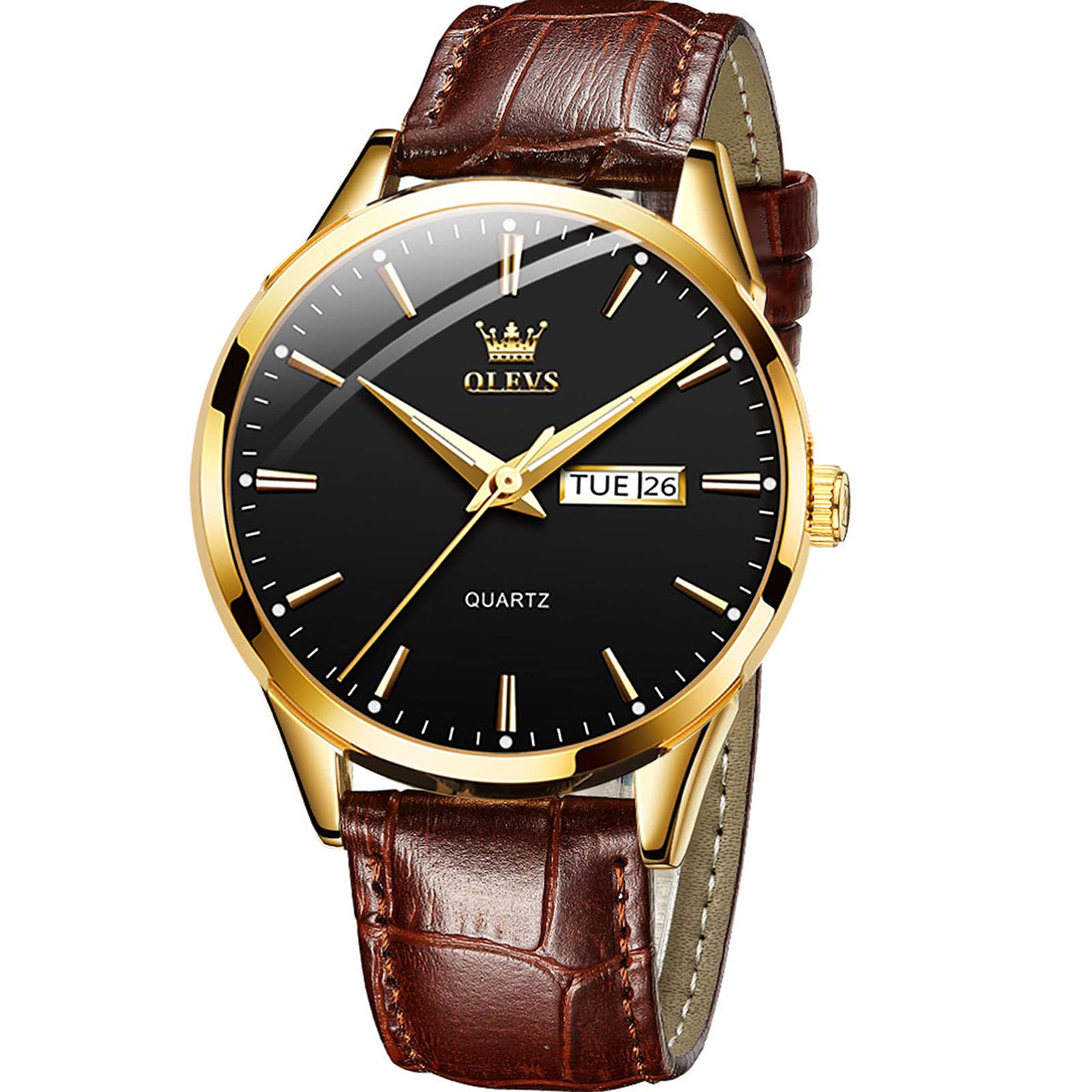 OLEVS Men's Brown Leather Watch - Rose Gold Quartz, Waterproof, Luminous for Daily Wear & Dress