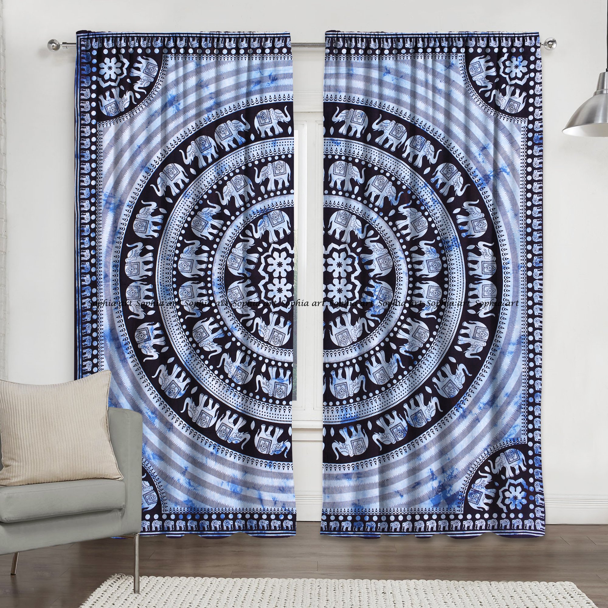 Indian Hippie Elephant Mandala Print Kitchen Window Curtains & Valance Set - Bohemian Dorm Tapestry, Balcony Room Decor for Living Room, Bedroom, Yoga Studio (Boho Style)